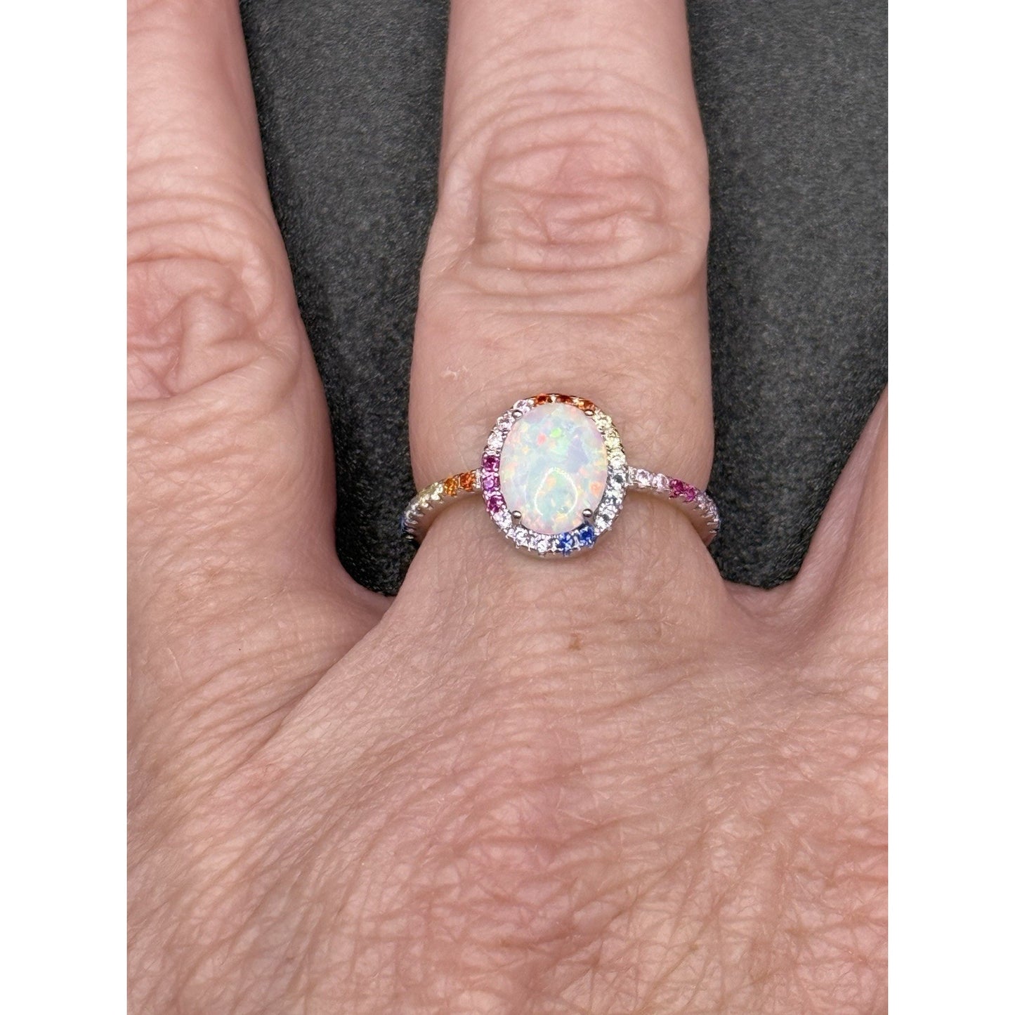 New Condition Lab Opal Rainbow Cubic Zirconia Ring Size 7.00