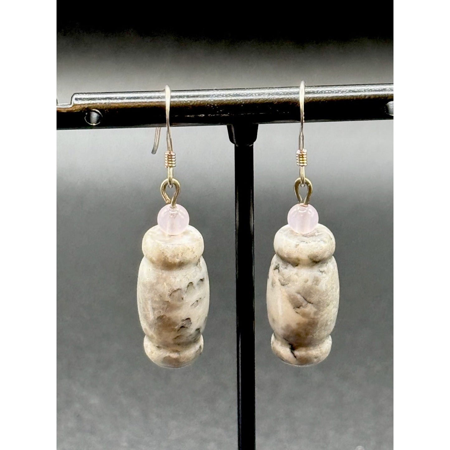 Vintage Sterling Silver Pink Quartz Stone Dangle Earrings N19