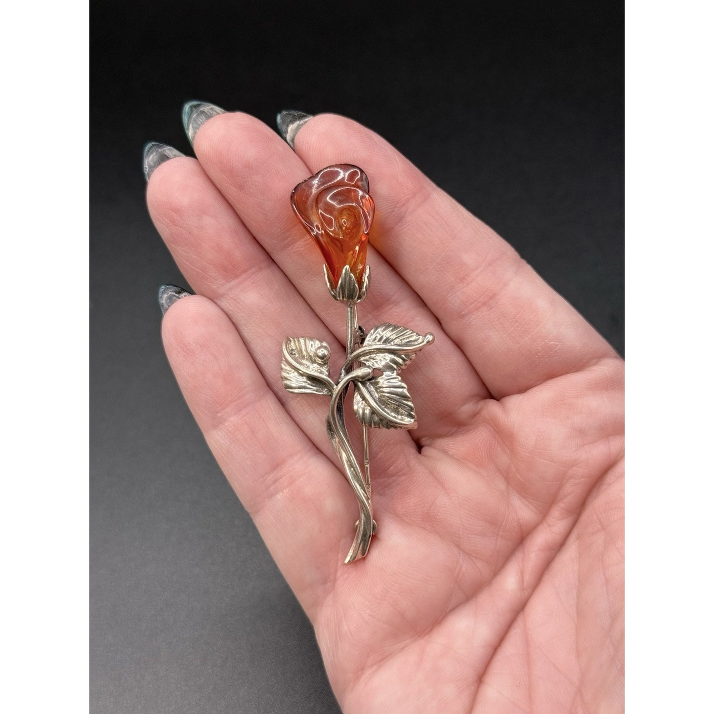 Vintage Sterling Silver Carved Amber Flower Brooch Pin 925 P5