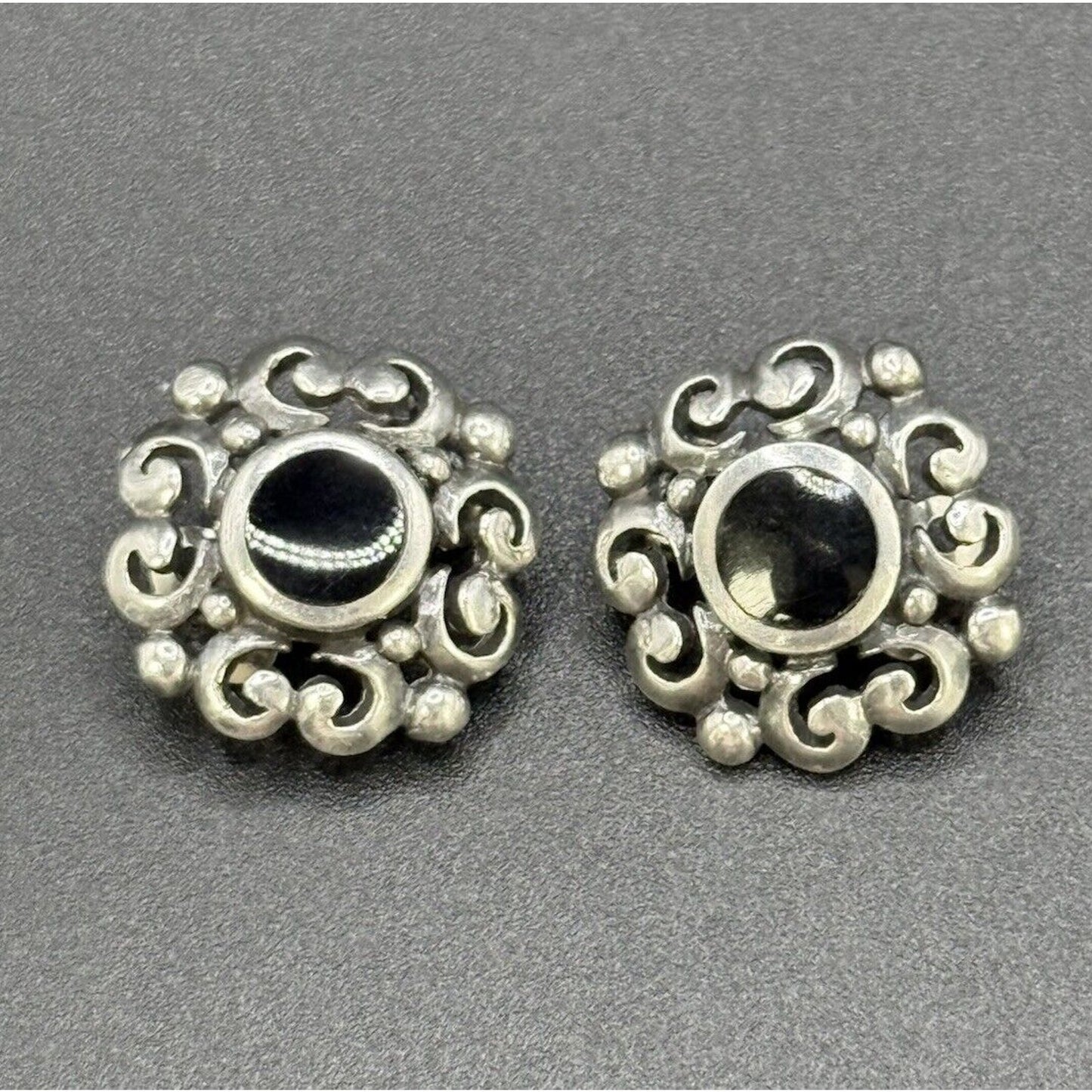 Vintage Sterling Silver Onyx Scroll Clip On Earrings 925 M27