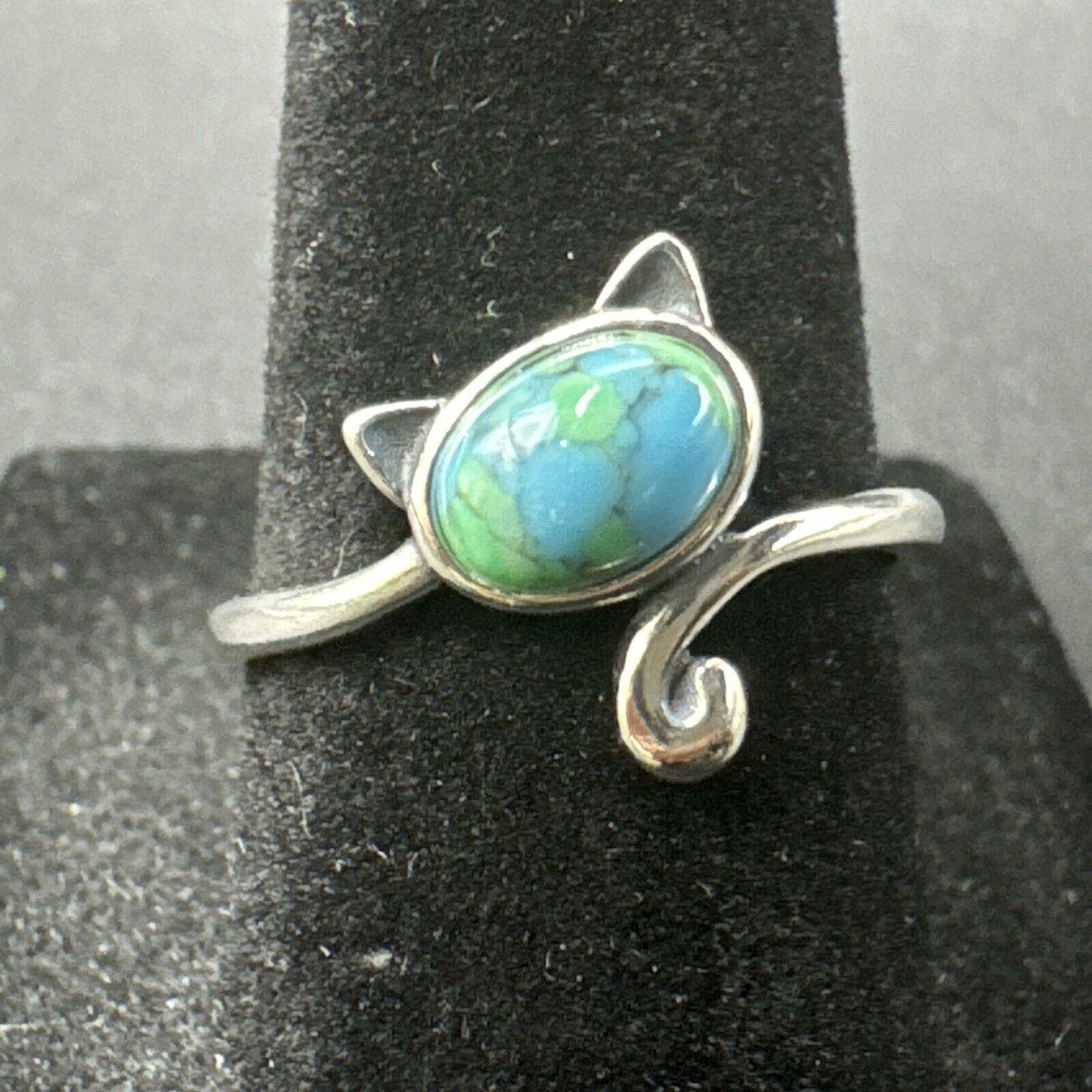 New Condition Sterling Silver Turquoise Kitty Cat Ring 925 Size 7