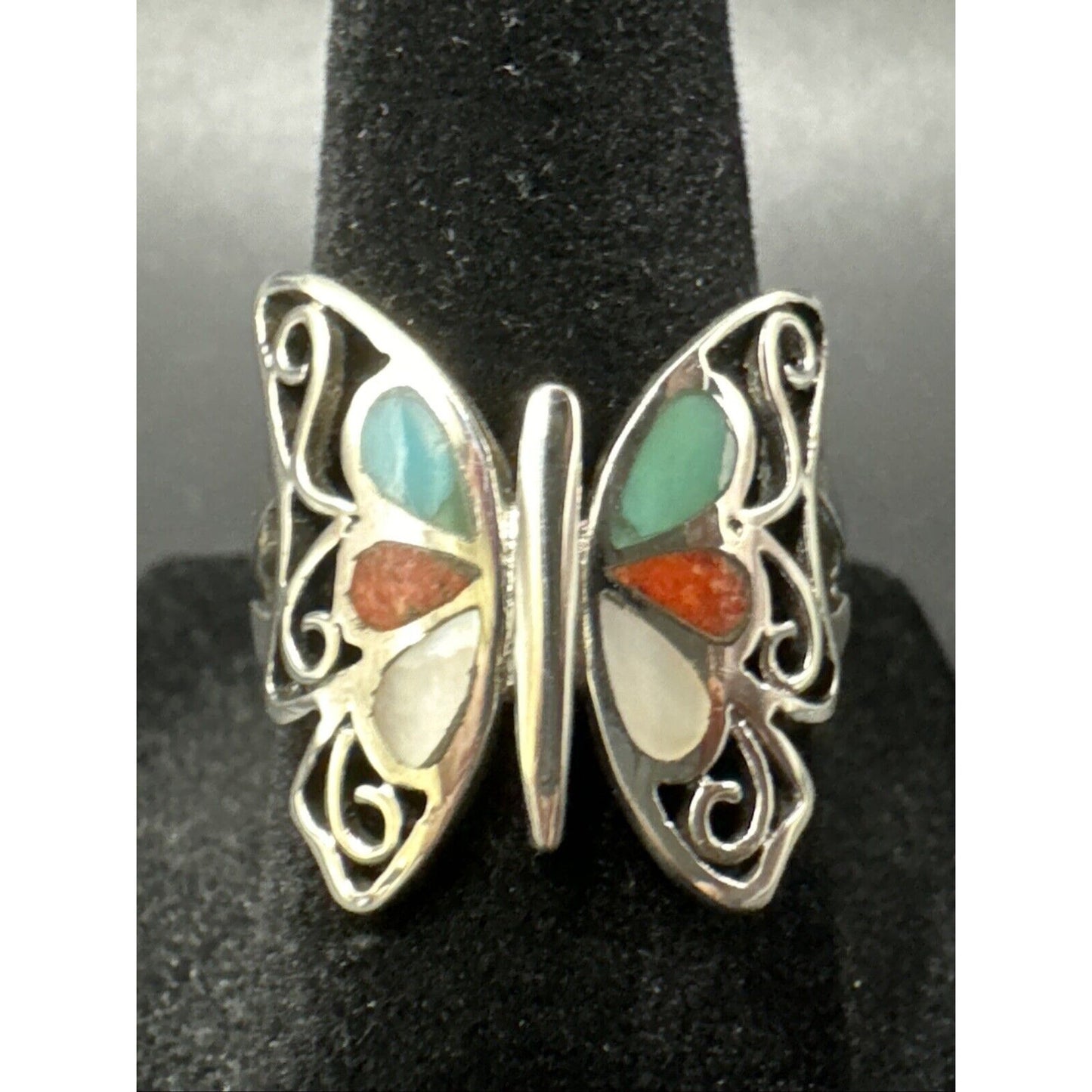 New Condition Sterling Silver Multi Gemstone Butterfly Motif Ring 925 Size 6.75