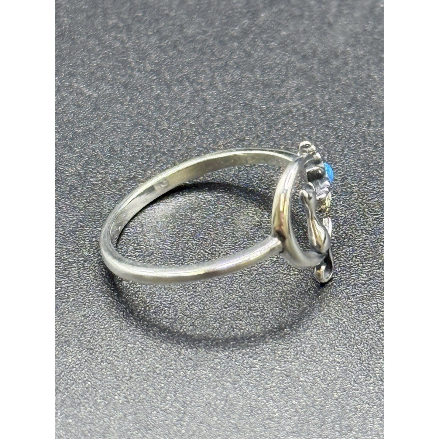 New Condition Sterling Silver Cat On Moon Star Lab Blue Opal Ring Size 7 Adjust