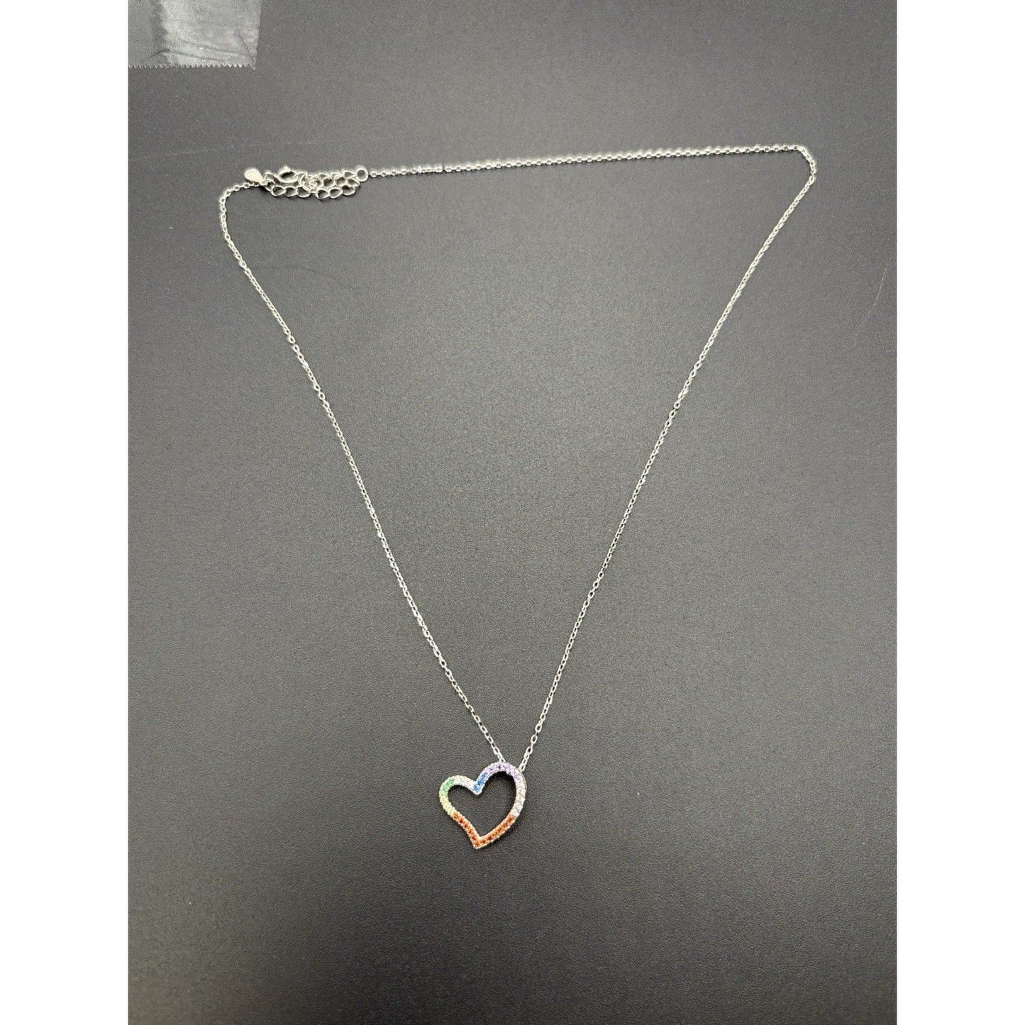 New Condition 18" Sterling Silver Rainbow Cubic Zirconia Heart Pendant Necklace