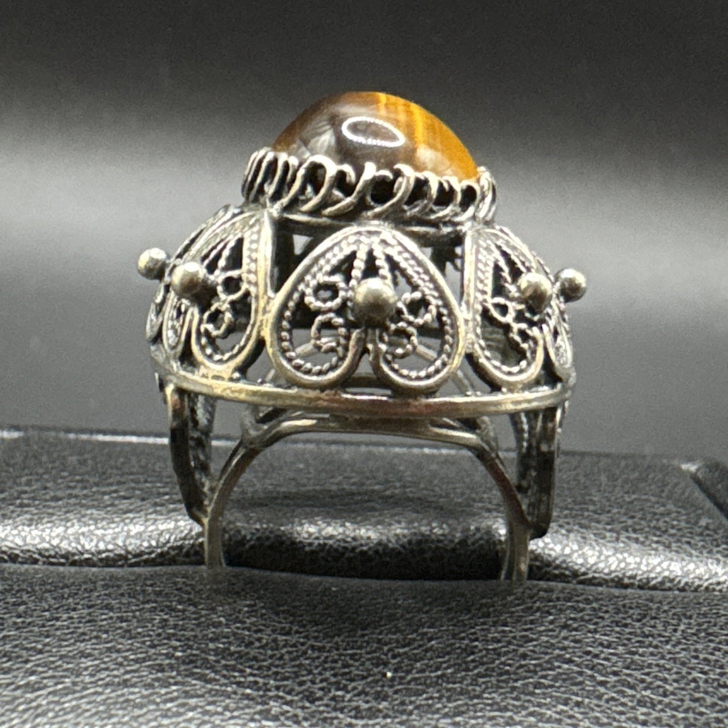 Sterling Silver Tigers Eye Openwork Filigree Dome Ring 925 Size Adjustable Q23