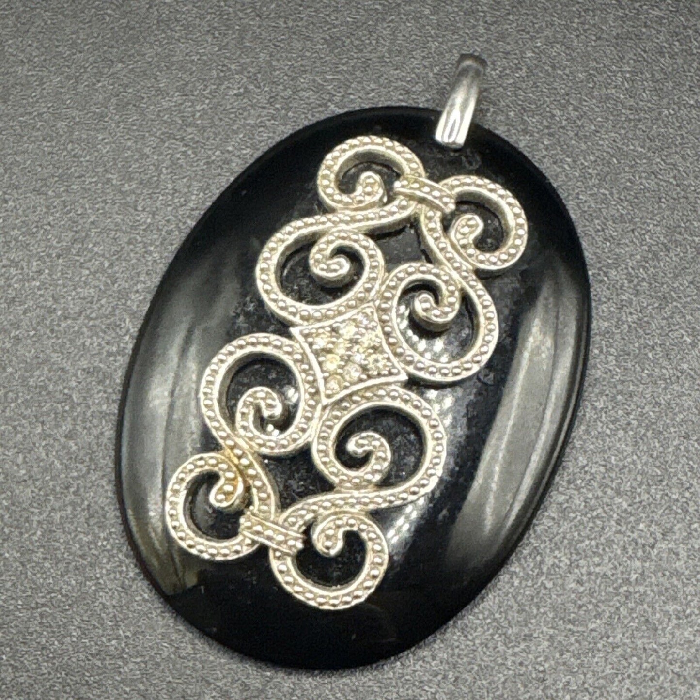 Vintage Sterling Silver Genuine Diamond Onyx Pendant 45x32mm 925 N1