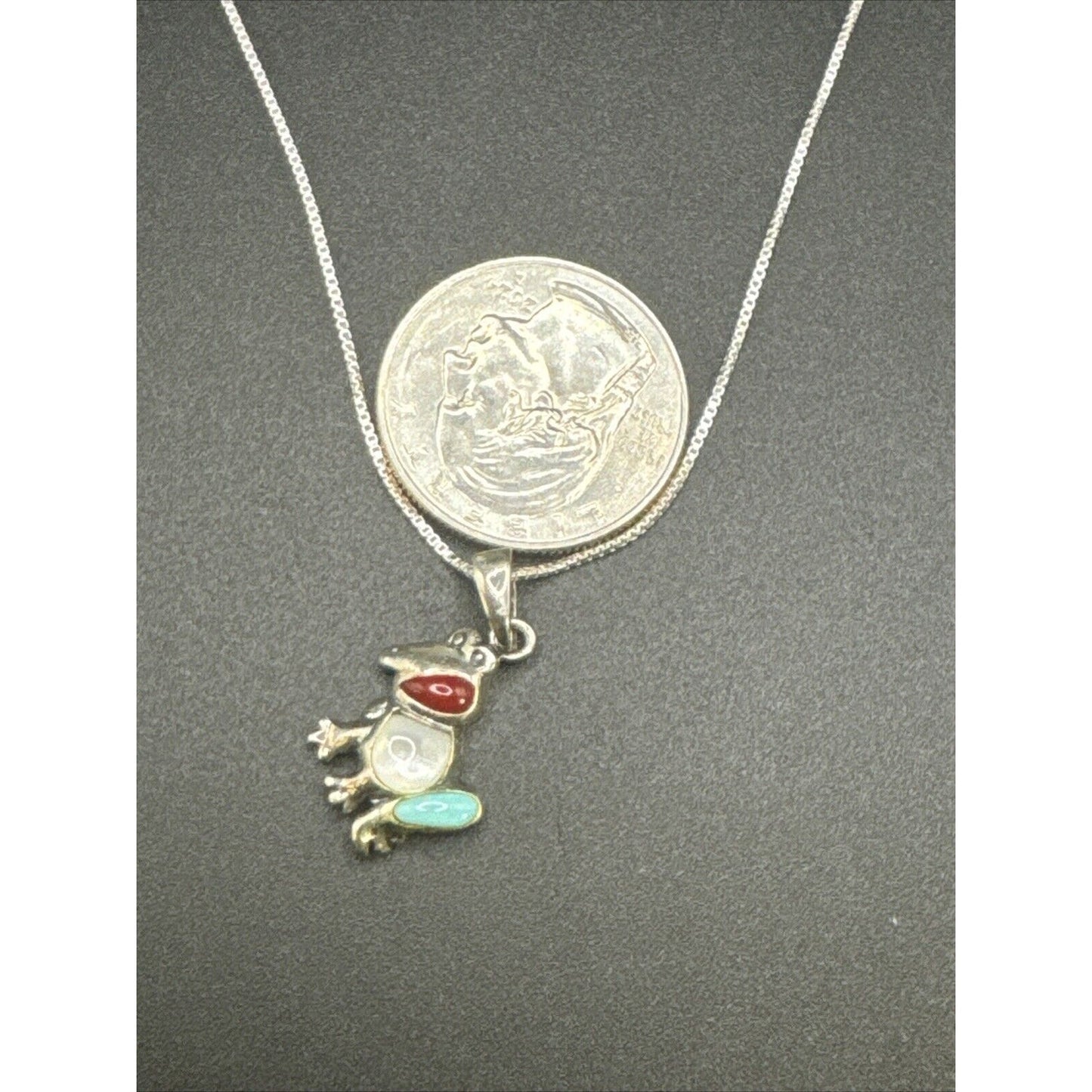 EUC 18” Sterling Silver Coral Turquoise Frog Pendant Necklace P14
