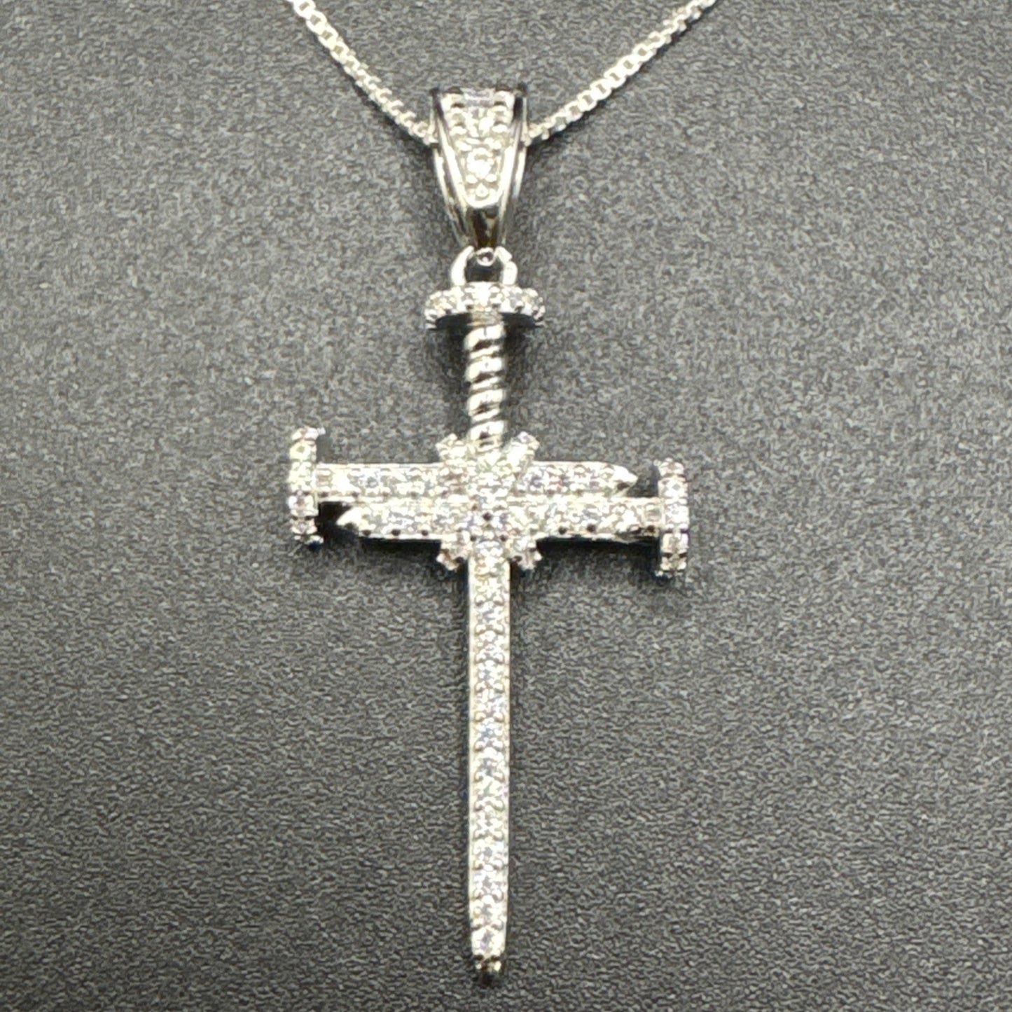 New Condition Sterling Silver 22” CZ Cross Of Nails Pendant Necklace 925