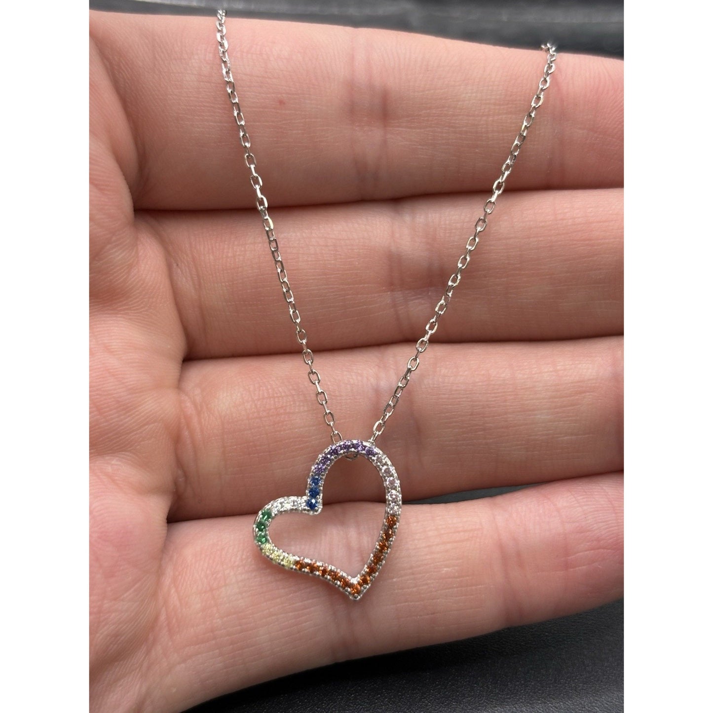 New Condition 18" Sterling Silver Rainbow Cubic Zirconia Heart Pendant Necklace