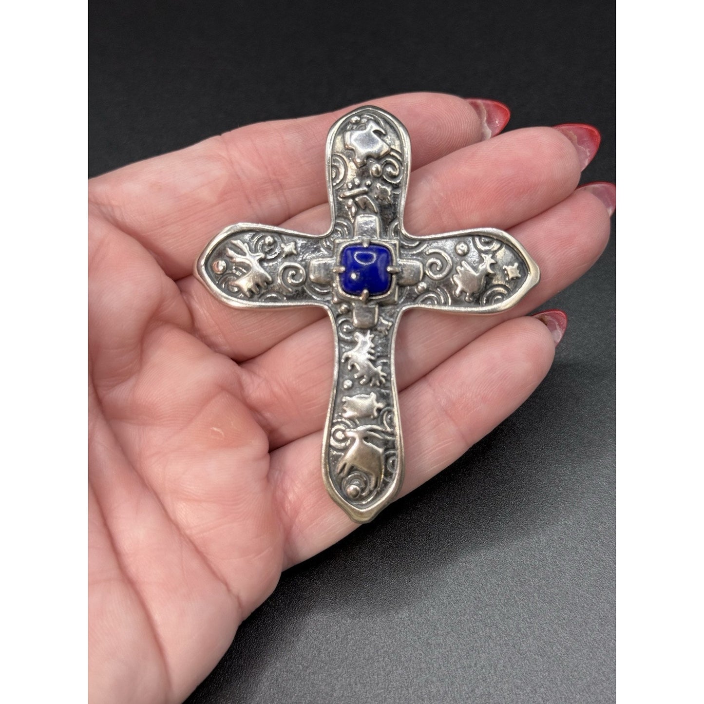 2.75” Carolyn Pollack Relios Sterling Silver Lapis Cross Pendant Pectoral N18