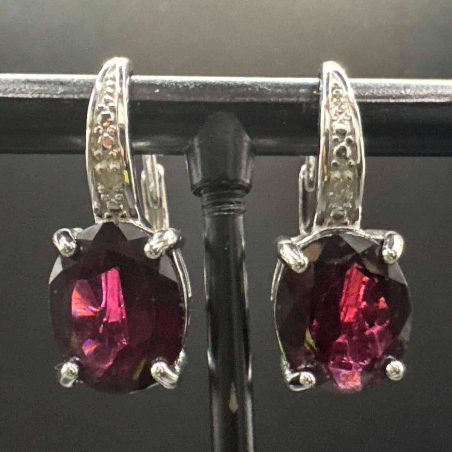 New Condition Sterling Silver Genuine Garnet Diamond Drop Earrings 925
