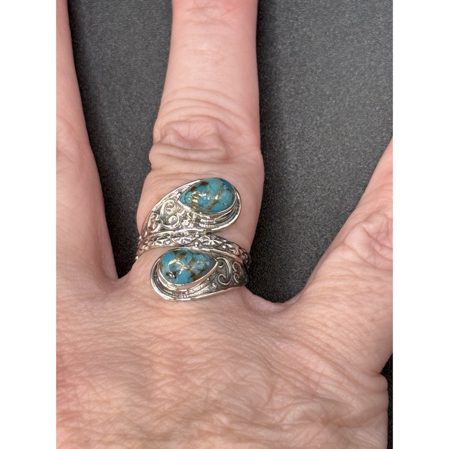 New Condition Sterling Silver Bypass Copper Turquoise Ring Size 7.00