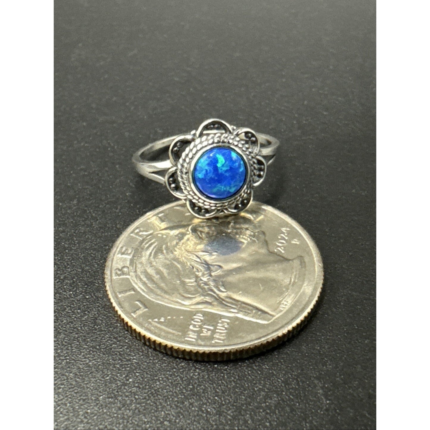 New Condition Sterling Silver Lab Blue Opal Ring 925 Size 7