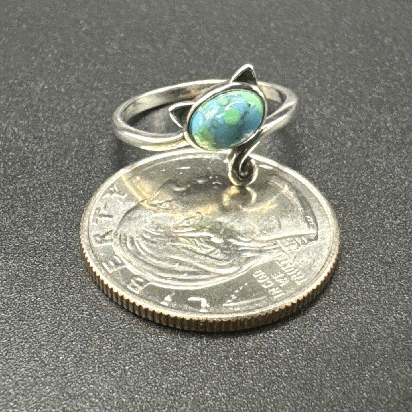 New Condition Sterling Silver Turquoise Kitty Cat Ring 925 Size 7