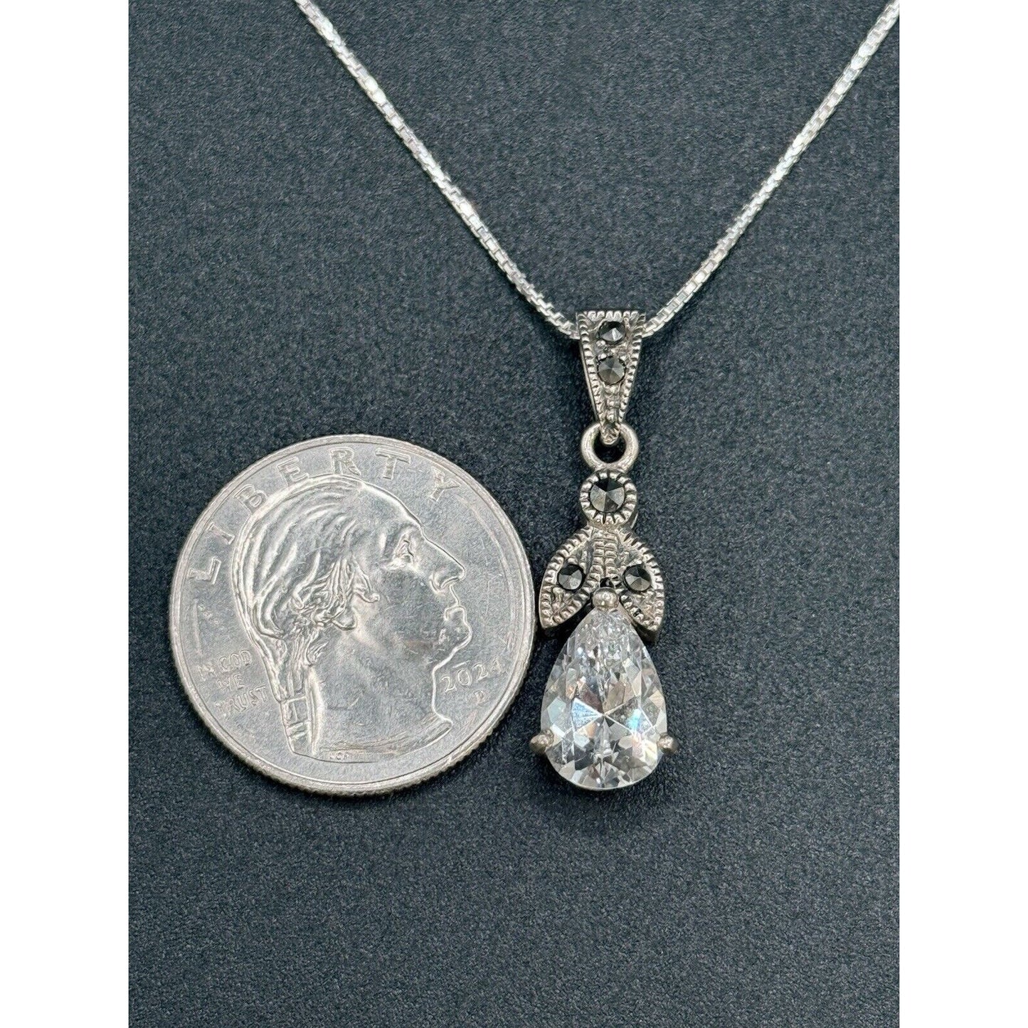 18” Vintage Sterling Silver Cubic Zirconia Marcasite Pendant Necklace 925 M8