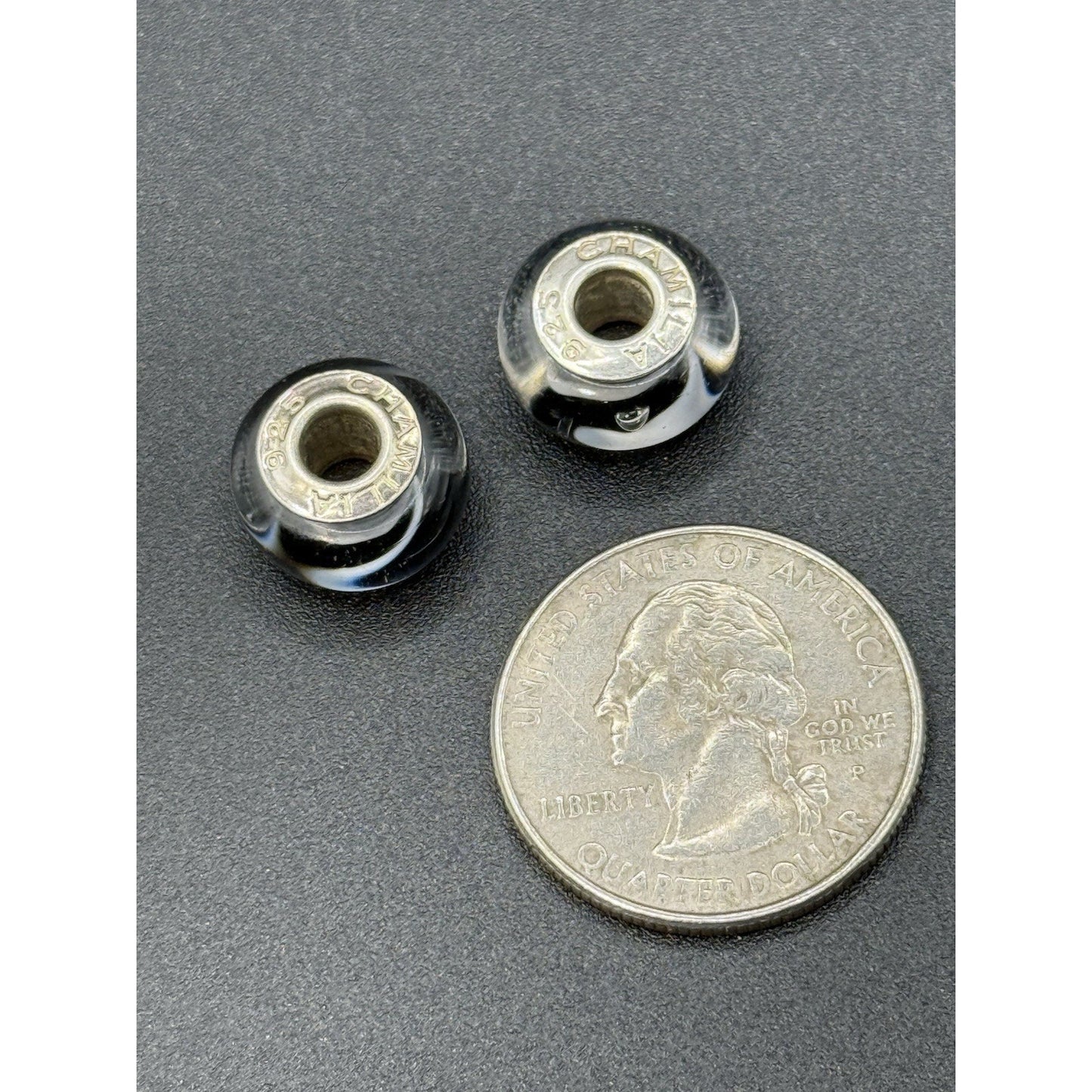 (2) Chamilia Black & White Stripe Sterling Silver Mirano Charms P19