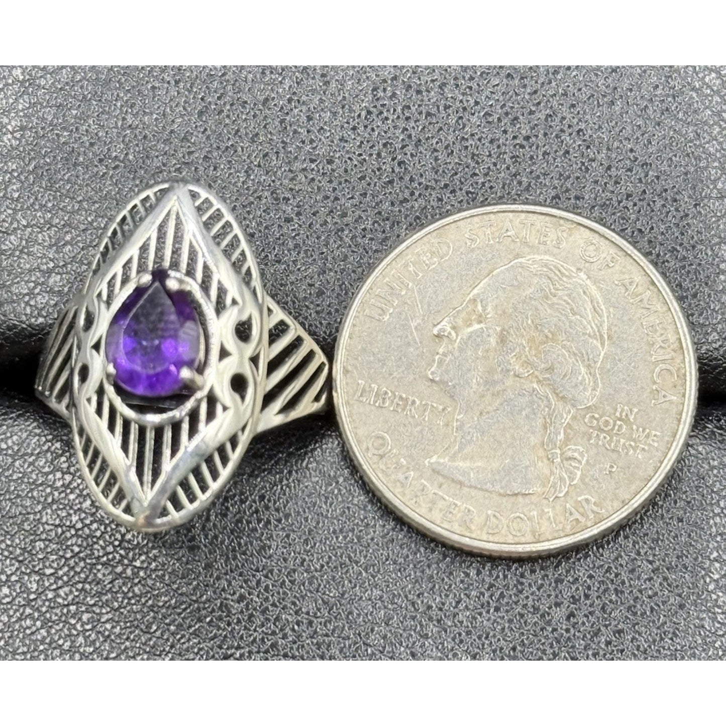 New Condition Sterling Silver Genuine Pear Amethyst Ring Size 9.00 925 P20