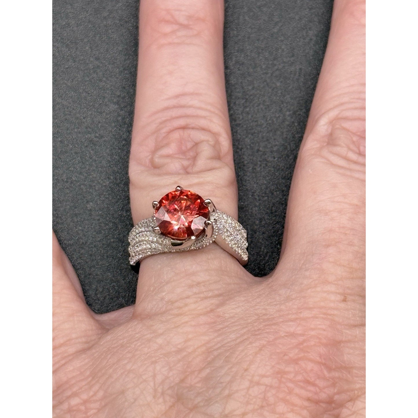 New Condition 3 ct Red Moissanite Sterling Silver Engagement Ring Size 7.25 GRA