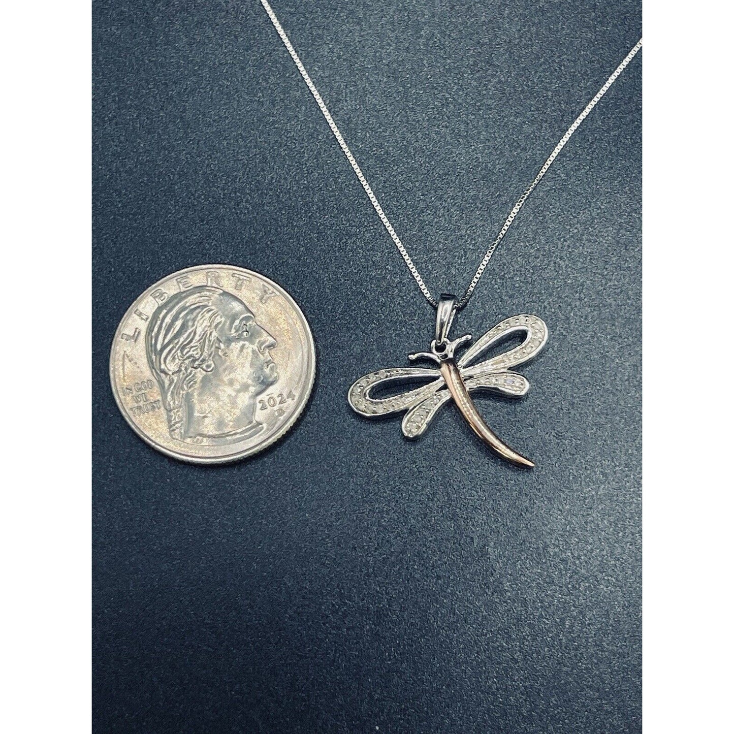 18” New Condition Sterling Silver Rose Accent Genuine 1/10th Diamond Dragonfly