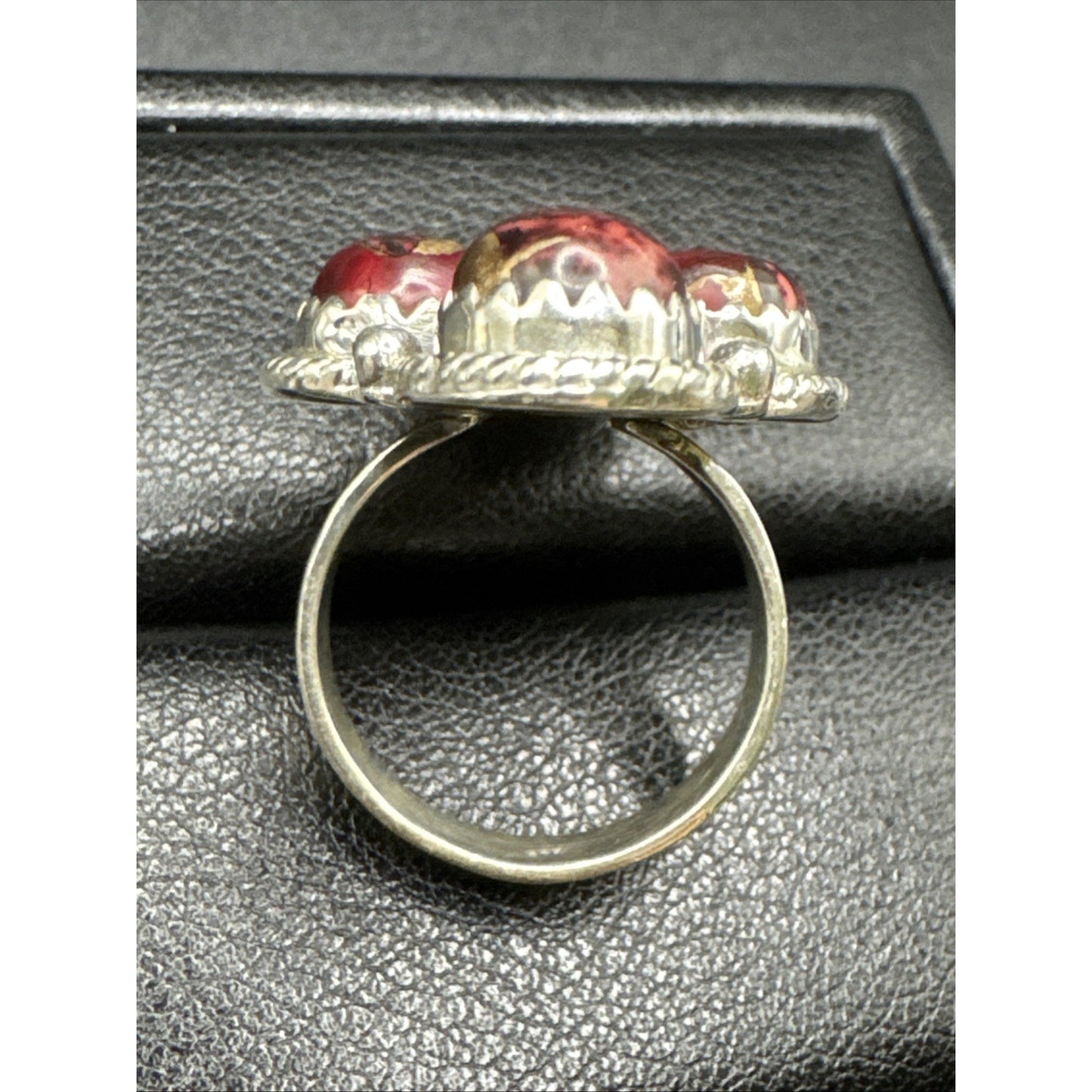 EUC Sterling Silver Red Rose Dahlia Turquoise Ring 925 Size 7.25 T29