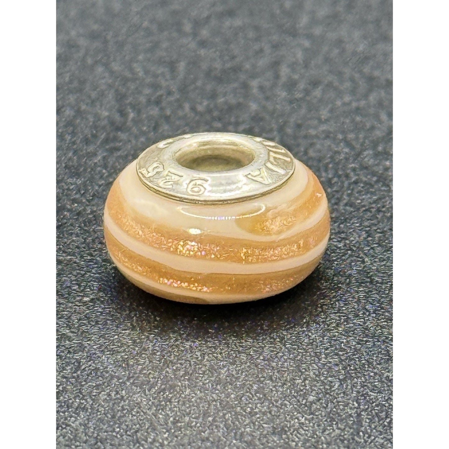 Camilia Sterling Silver Peach & White Shimmer Stripe Murano Charm P19