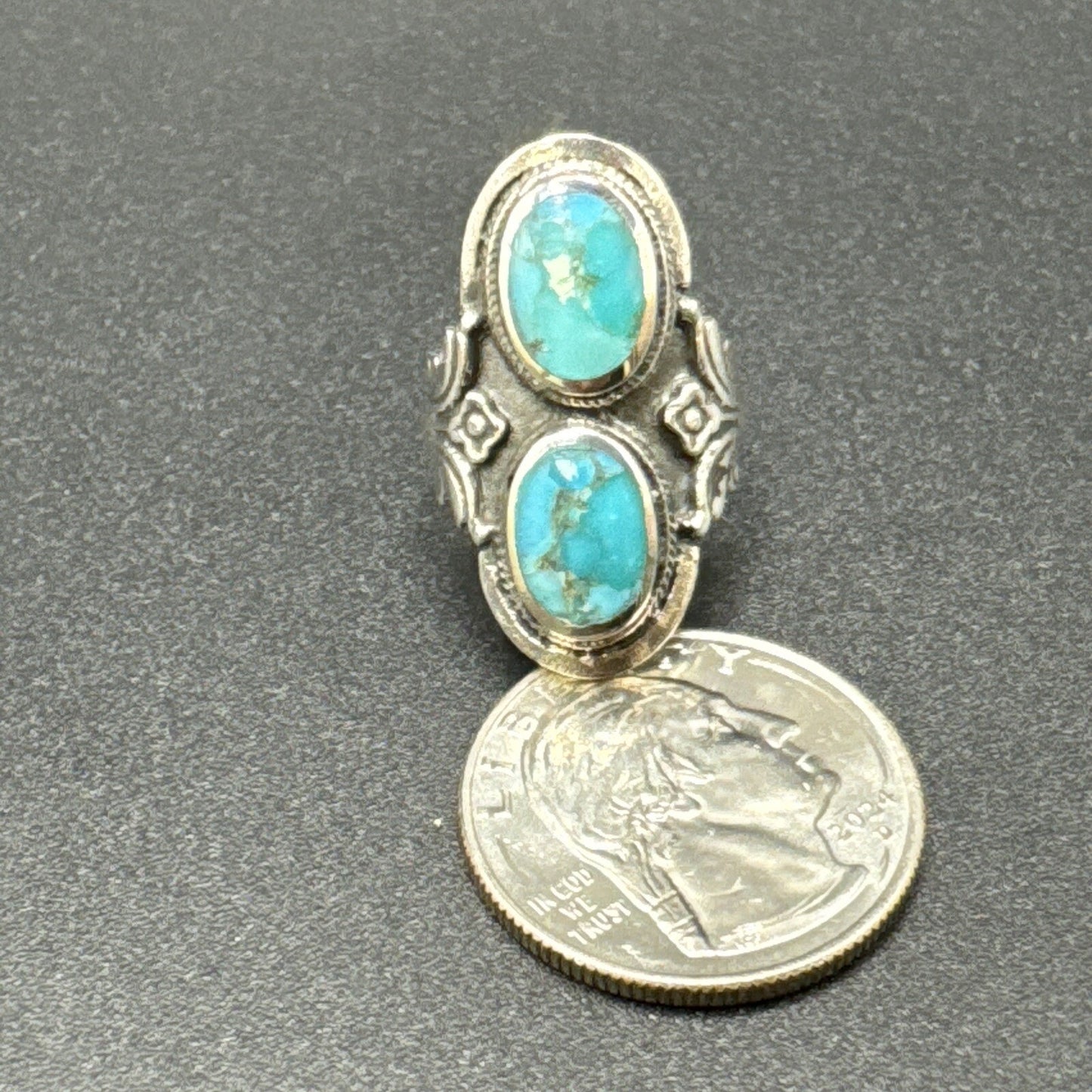 New Condition Sterling Silver Double Turquoise Ring 925 Size 10.5