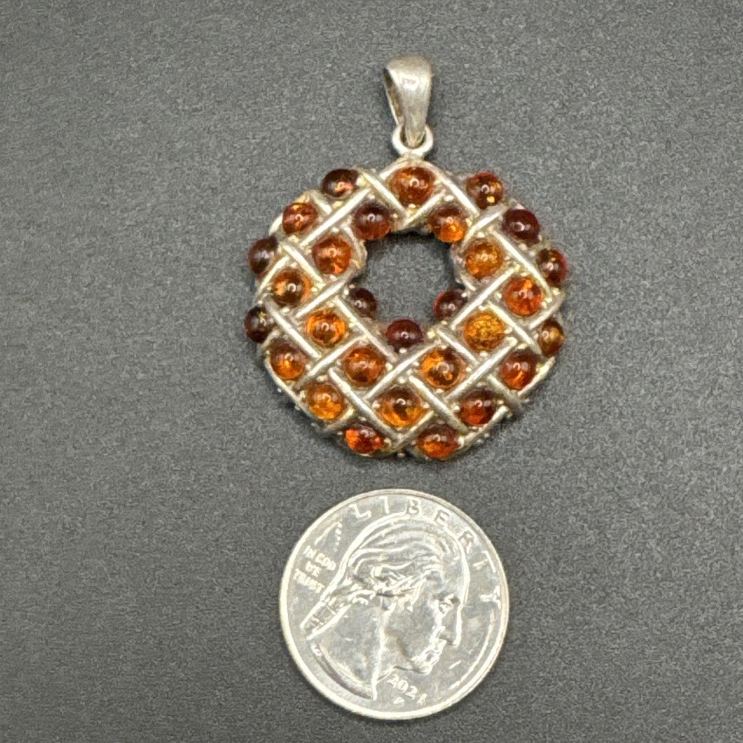 Vintage Sterling Silver Amber Bead Wreath Pendant 925 P2
