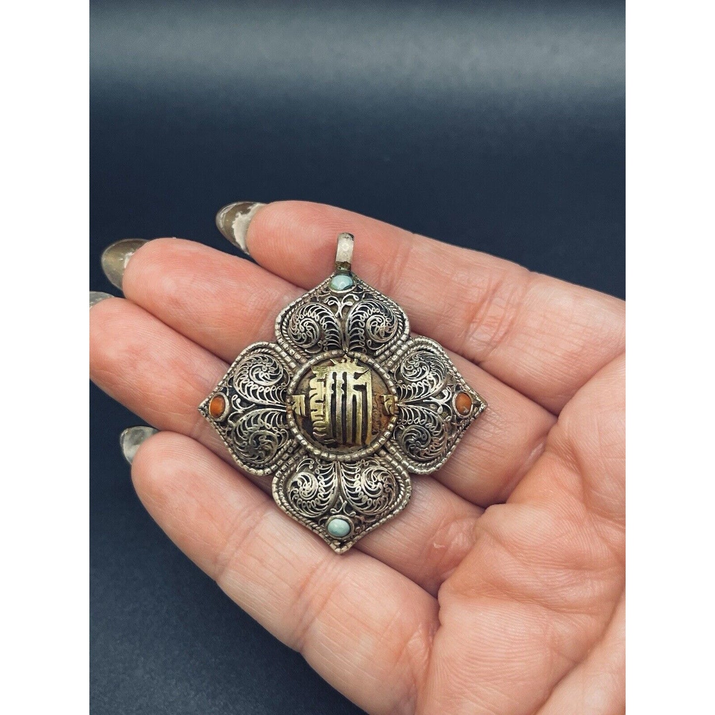 Vintage Sterling Silver Two Tone Bali Style Pendant Multi Gemstone 13 Grams L9