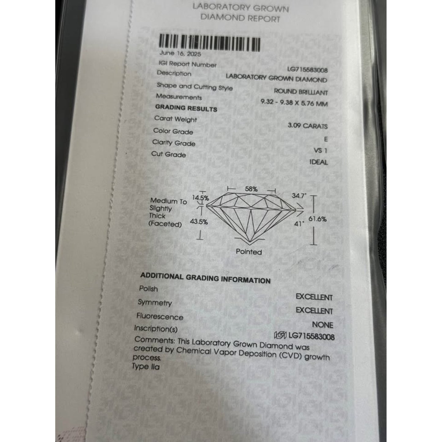 6.18 Total Weight Round Lab Grown Diamond Stud Earrings E Color VS1/VVS2 Clarity IGI Screw backs