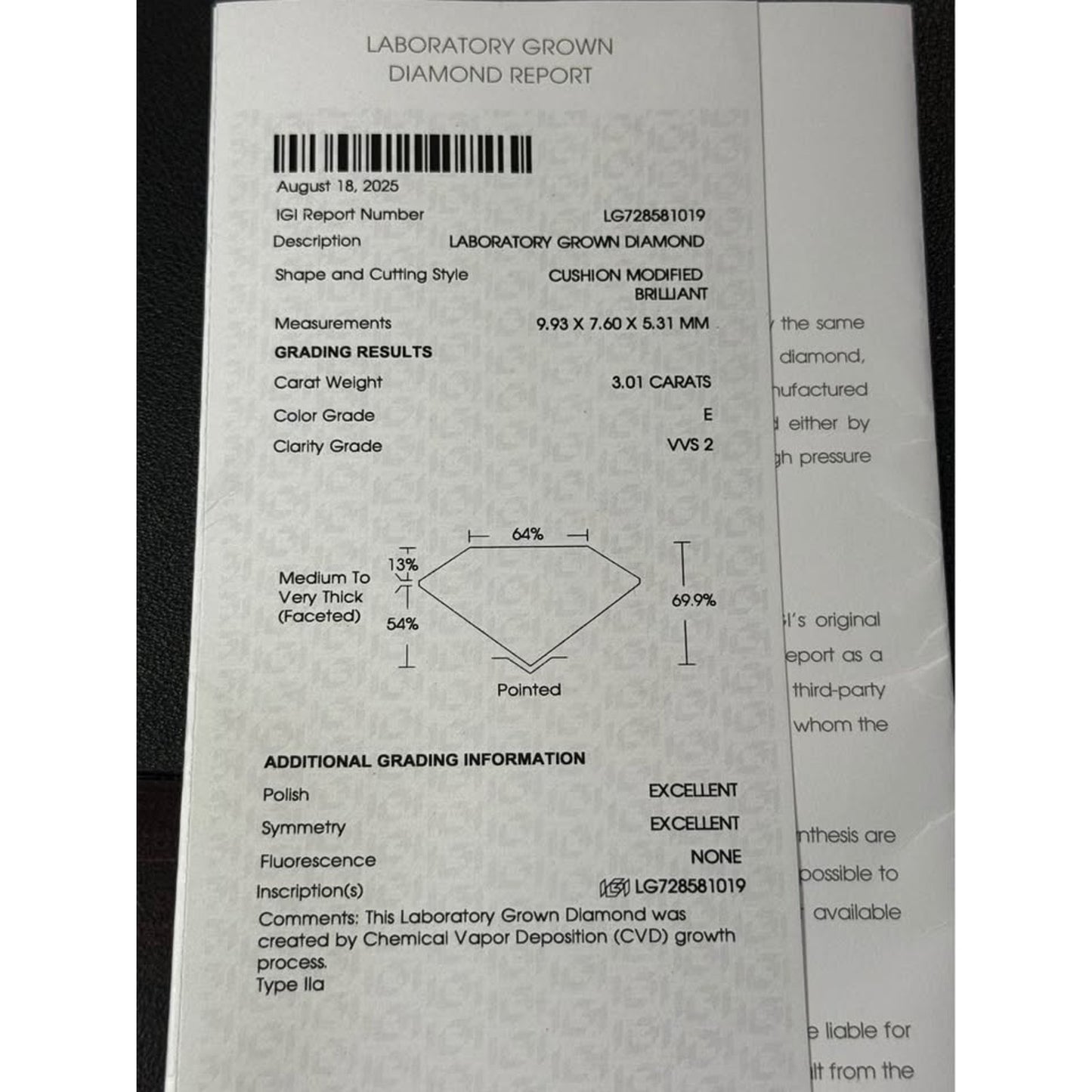 Brand New 14k Yellow Gold 3.01 Cushion Cut Lan Grown Diamond Ring E Color VVS2 Clarity IGI