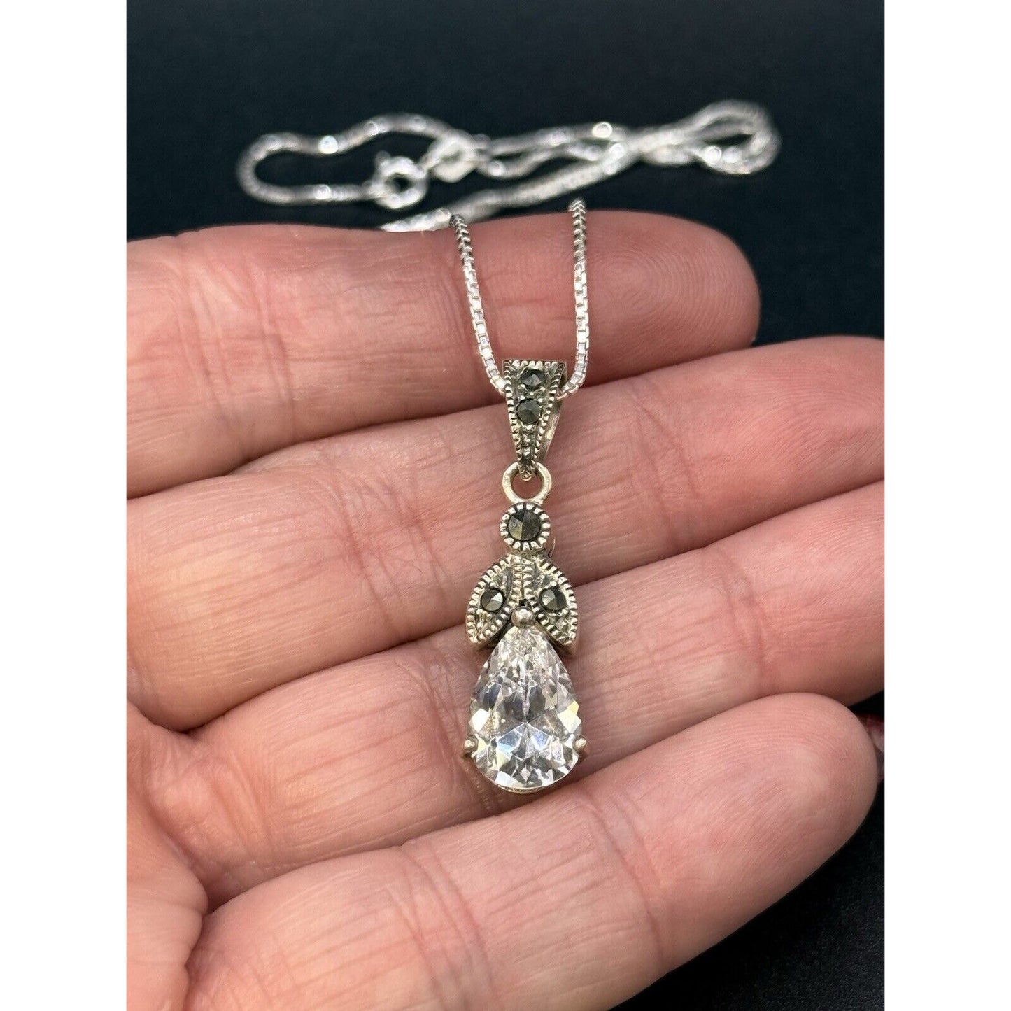 18” Vintage Sterling Silver Cubic Zirconia Marcasite Pendant Necklace 925 M8