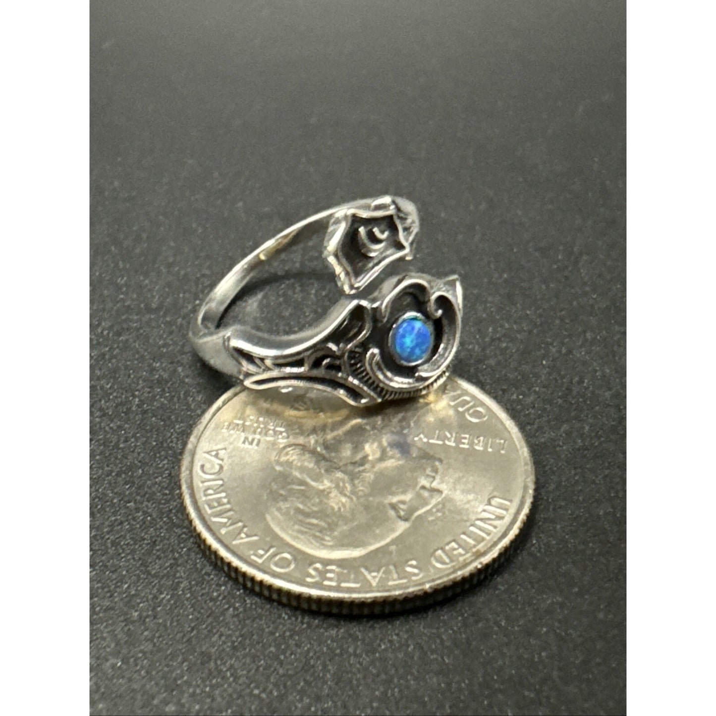 New Condition Sterling Silver Lab Blue Opal Bypass Ring 925 Size 7