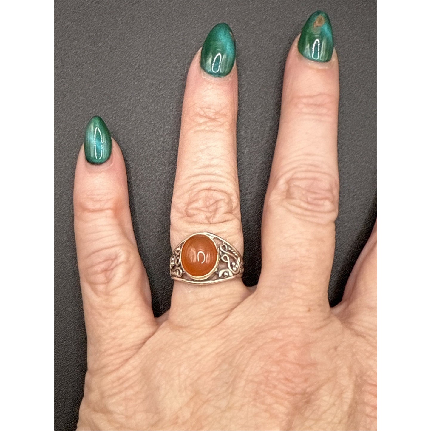 EUC Sterling Silver Carnelian Scroll Genuine Ring Size 7.25 P19