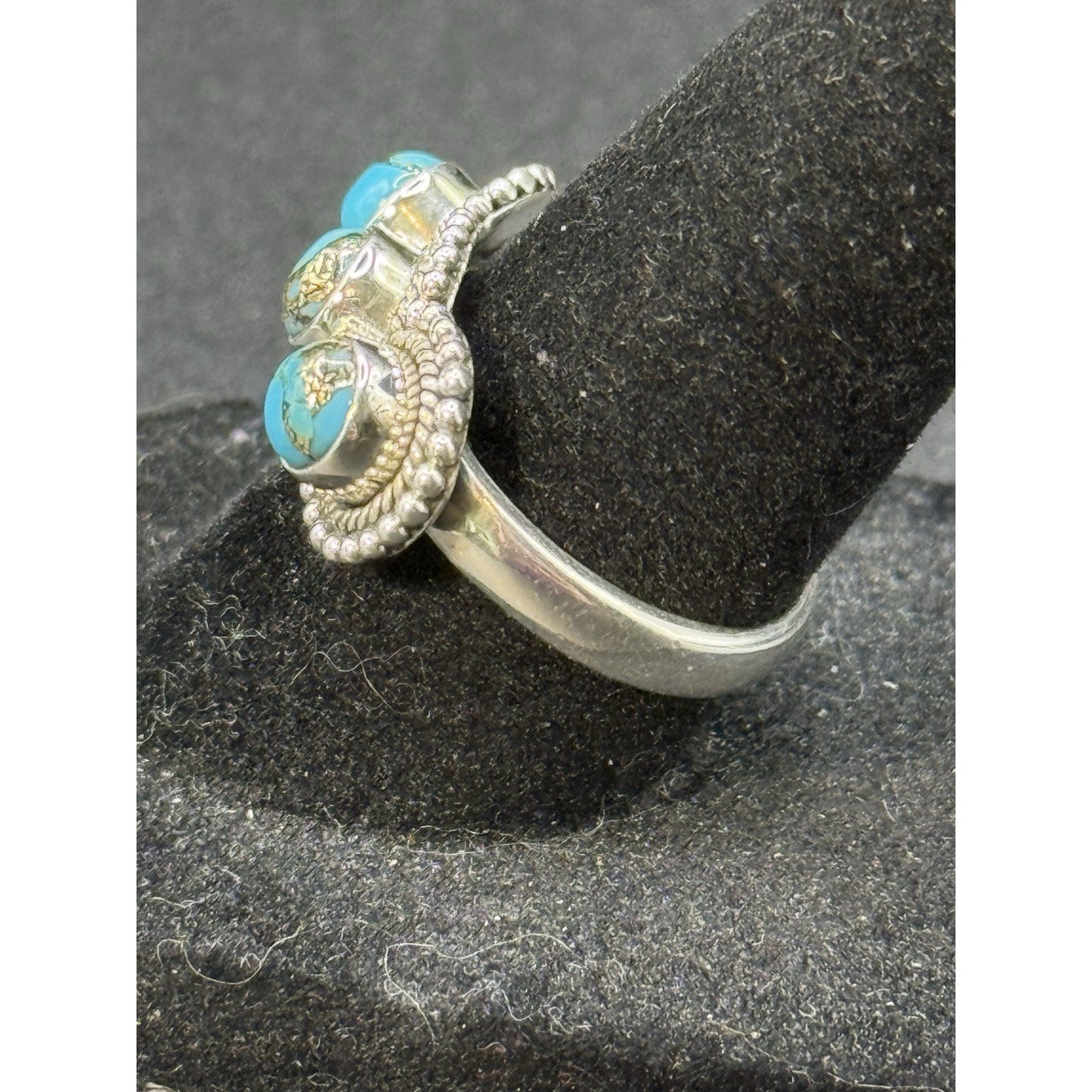 New Condition Sterling Silver Copper Turquoise 3 Stone Ring Size 7.00