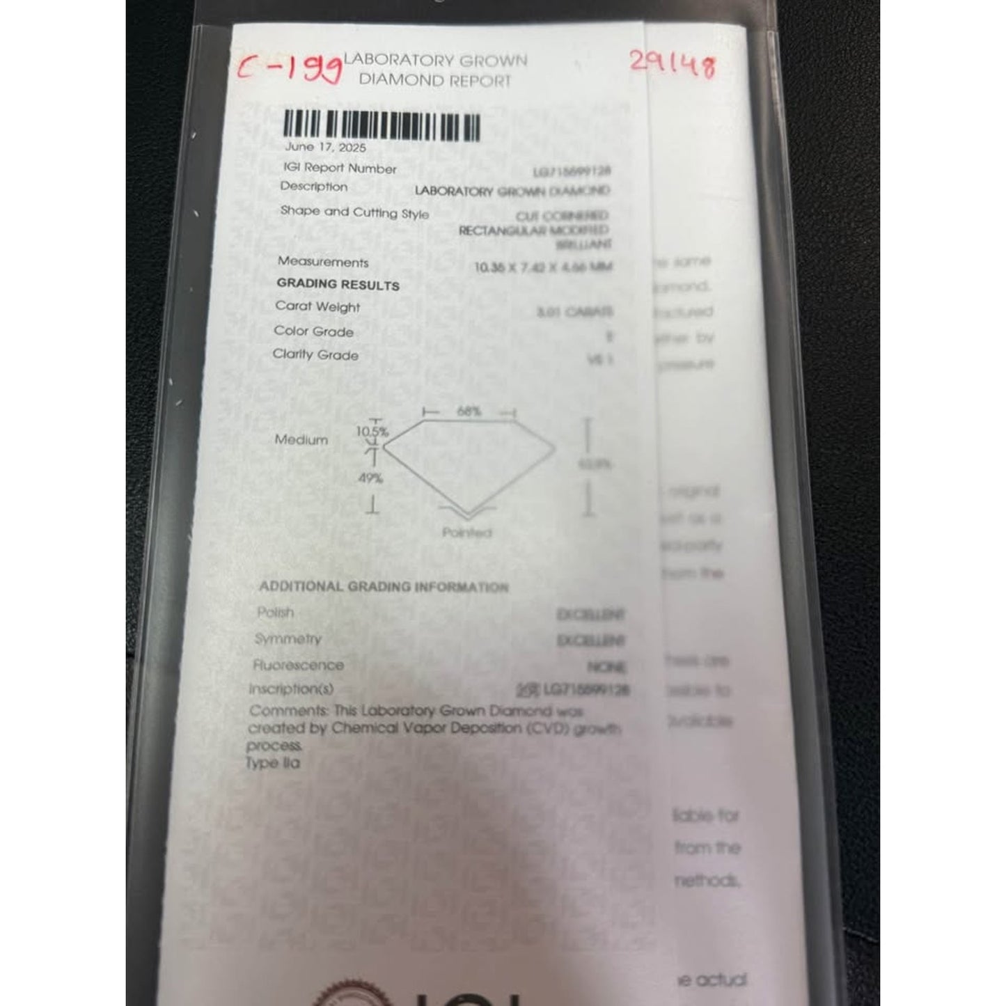 3.01 Carat Loose Radiant Cut Lab Grown Diamond E Color VS1 Clarity IGI