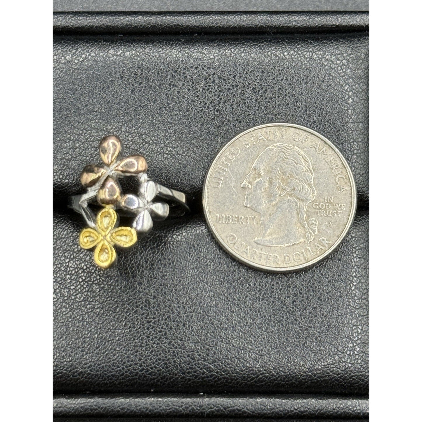 New Condition Sterling Silver Rose Gold Tri Color Plumeria Ring Size 7.00