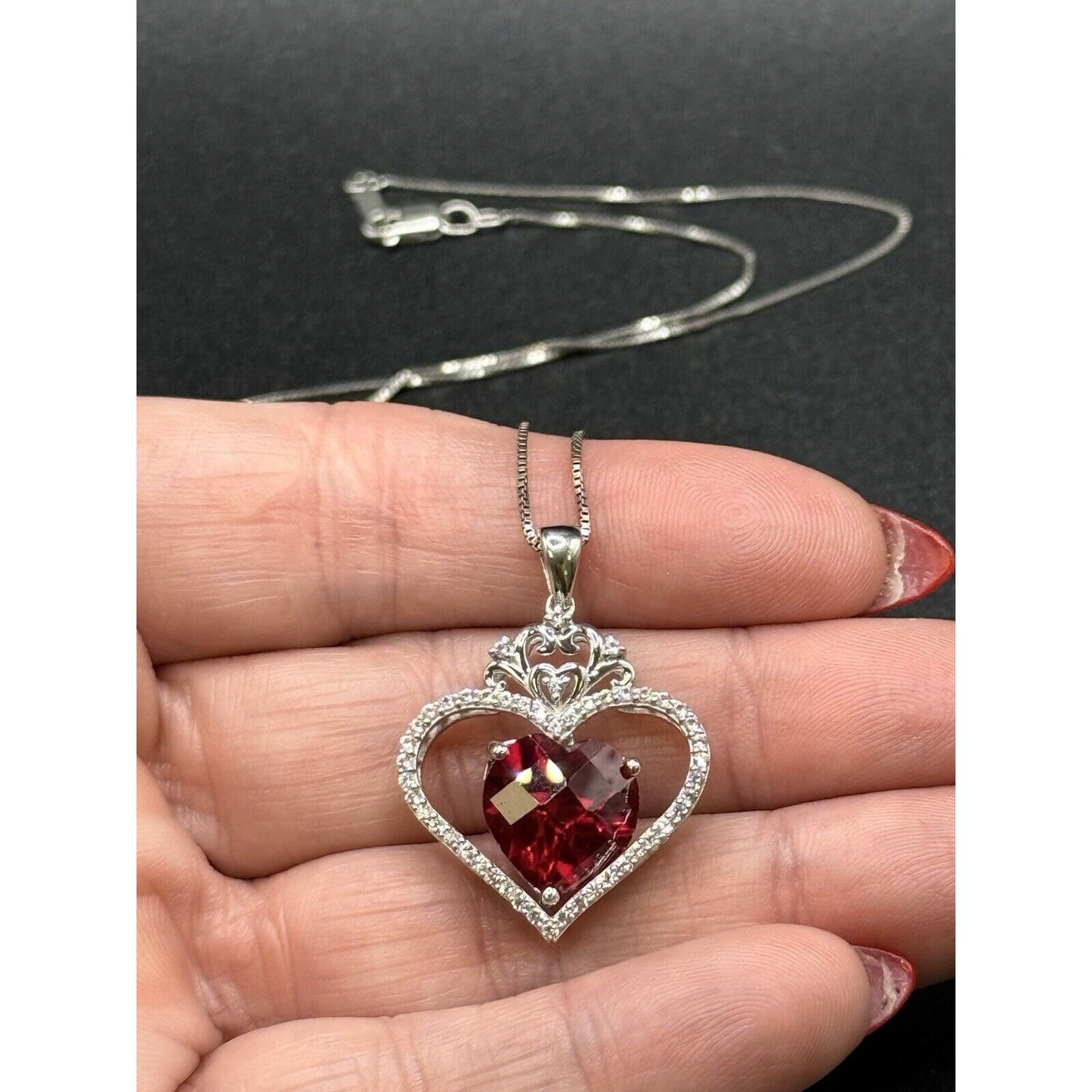 New Sterling Silver Lab Created Ruby White Sapphire Heart Pendant Necklace
