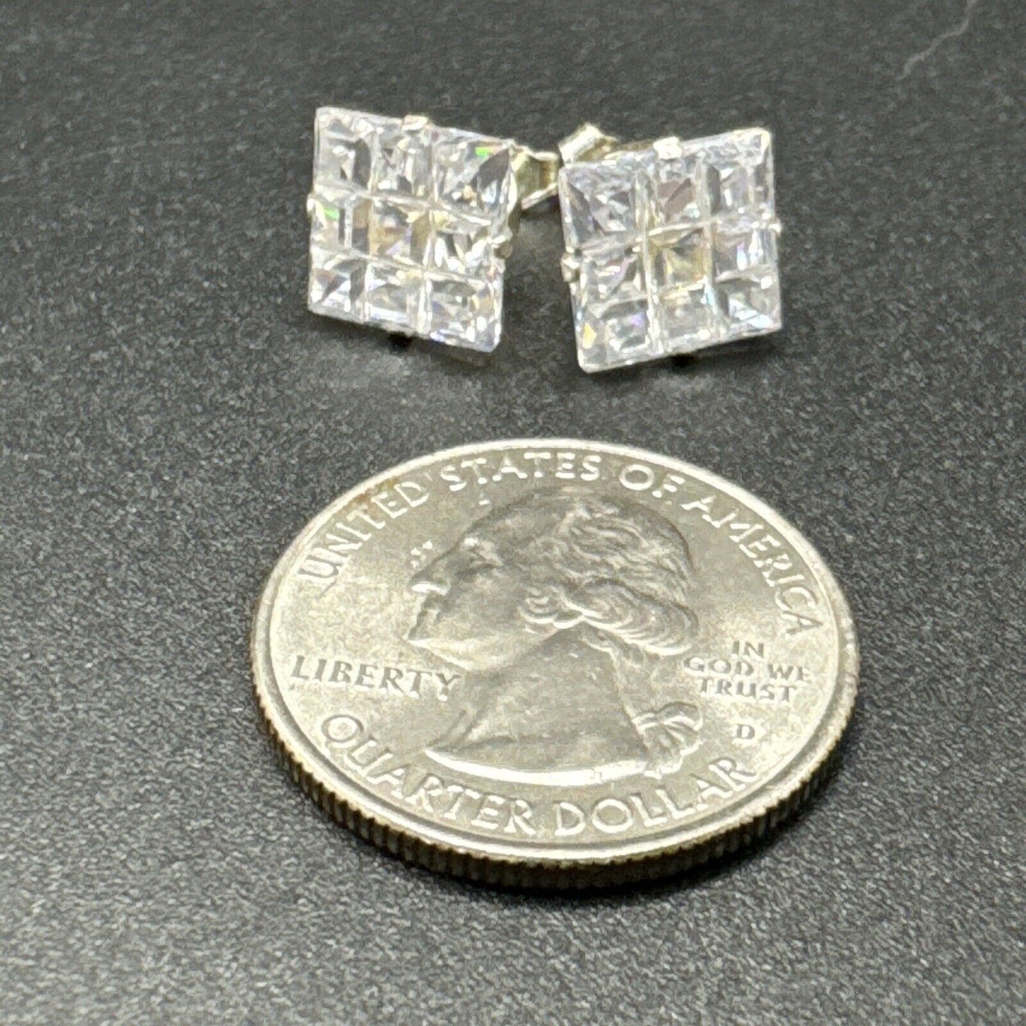 New Condition 7ER24 Sterling Silver Square Cut CZ Stud Earrings 10mm 925