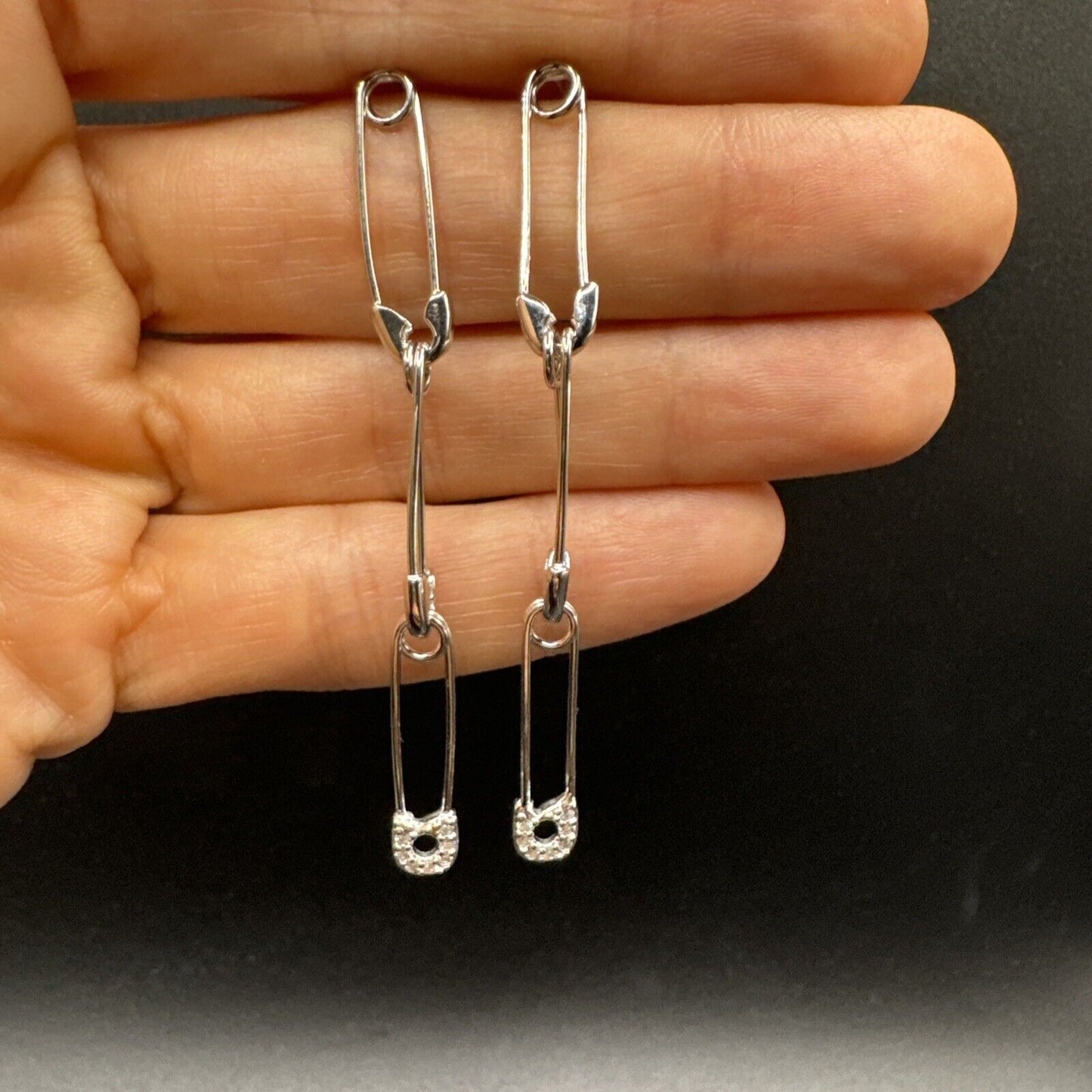 New Condition Sterling Silver CZ Safety Pin Dangle Earrings 2.5” 925