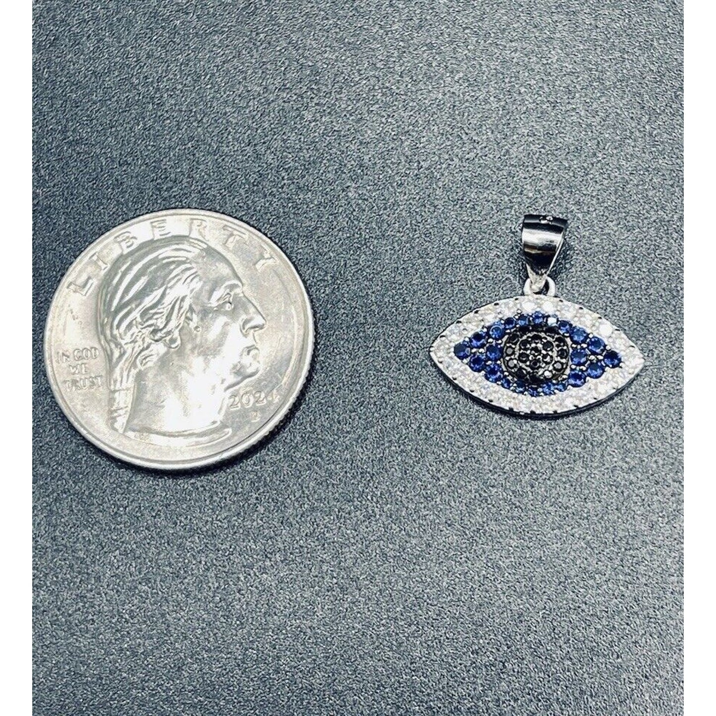 EUC Sterling Silver Blue White Cubic Zirconia Evil Eye Pendant 925 L19