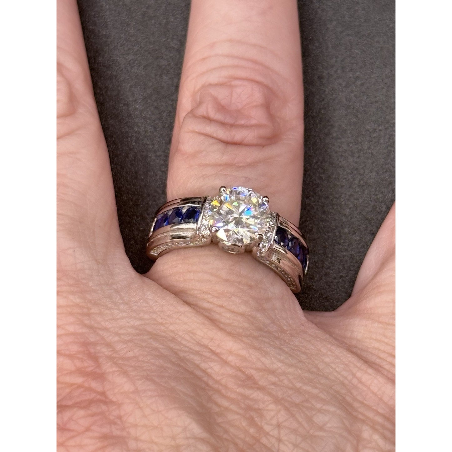 New Condition Sterling Silver Moissanite Blue Cubic Zirconia Ring Size 6.75 GRA