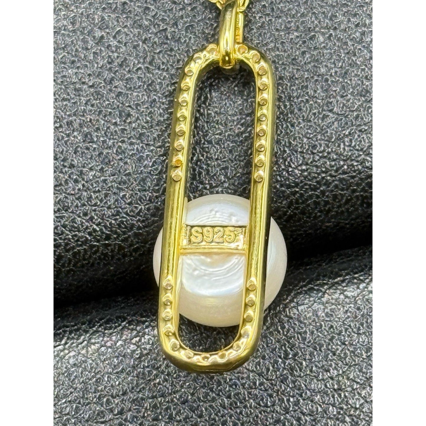 18” New Condition Gold S.S. Genuine Pearl Moissanite Modernist Pendant GRA