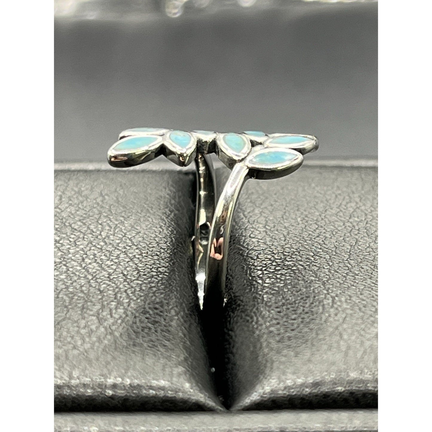 New Condition Turquoise Leaf Bypass Ring 925 Size 5.00