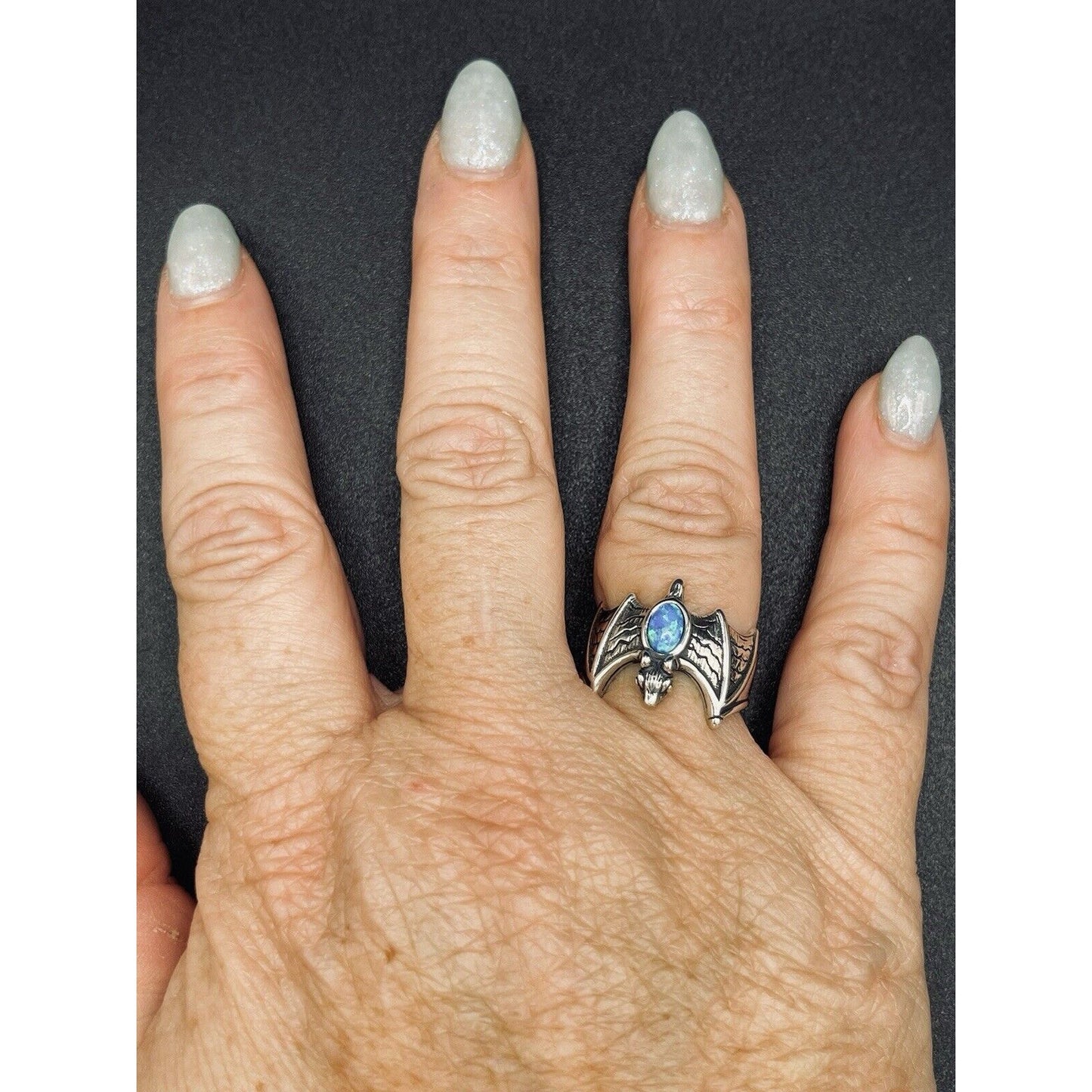 New Condition Sterling Silver Lab Blue Opal Bat Ring Size 7.00