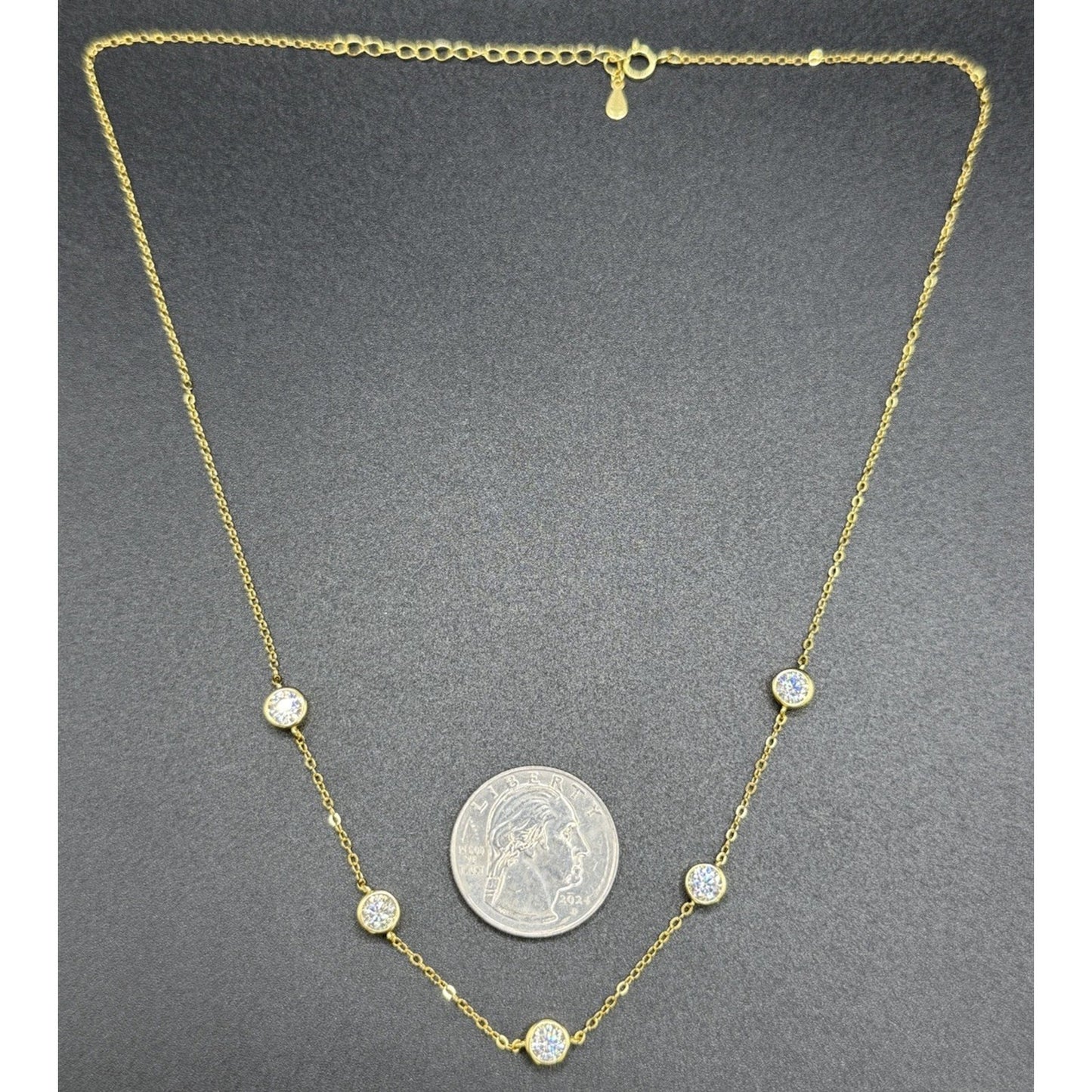 New Condition 18” Gold Sterling Silver Moissanite Station Necklace GRA