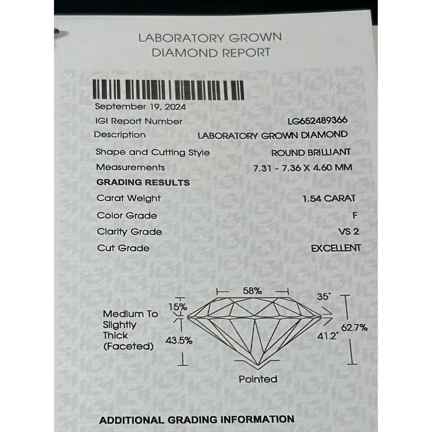 3.09 Total weight Round Brilliant Lab Grown Diamond F Color VS2 Clarity IGI Certified