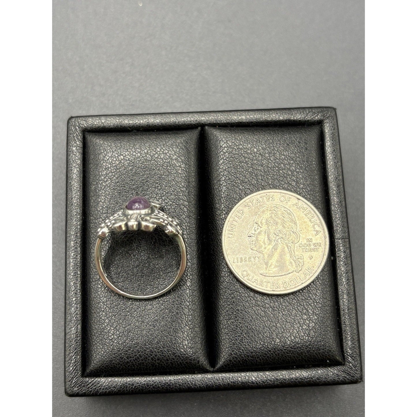 New Condition Sterling Silver Amethyst Scroll Ring Size 7