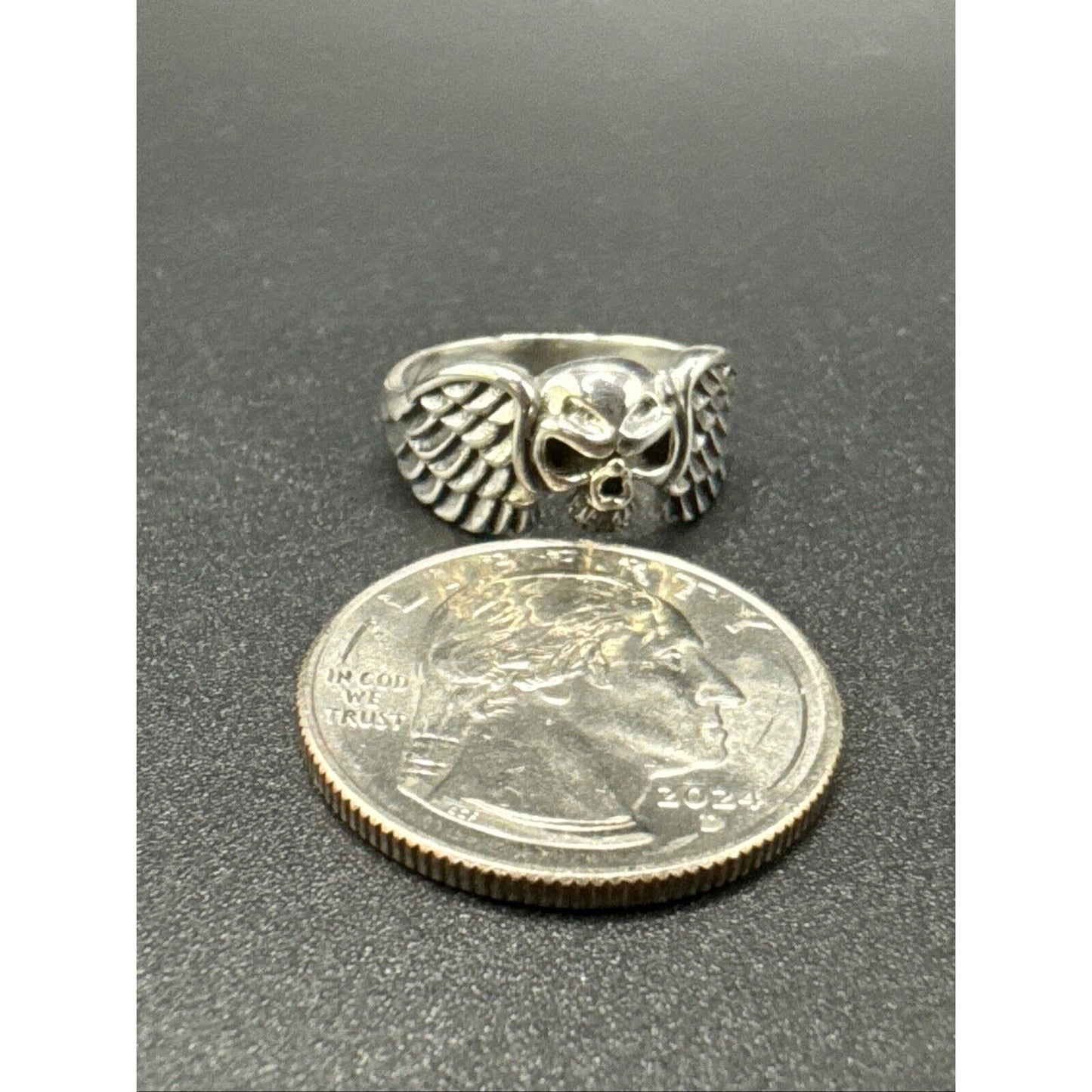 New Condition Sterling Silver Skull Wings Ring 925 Size 7