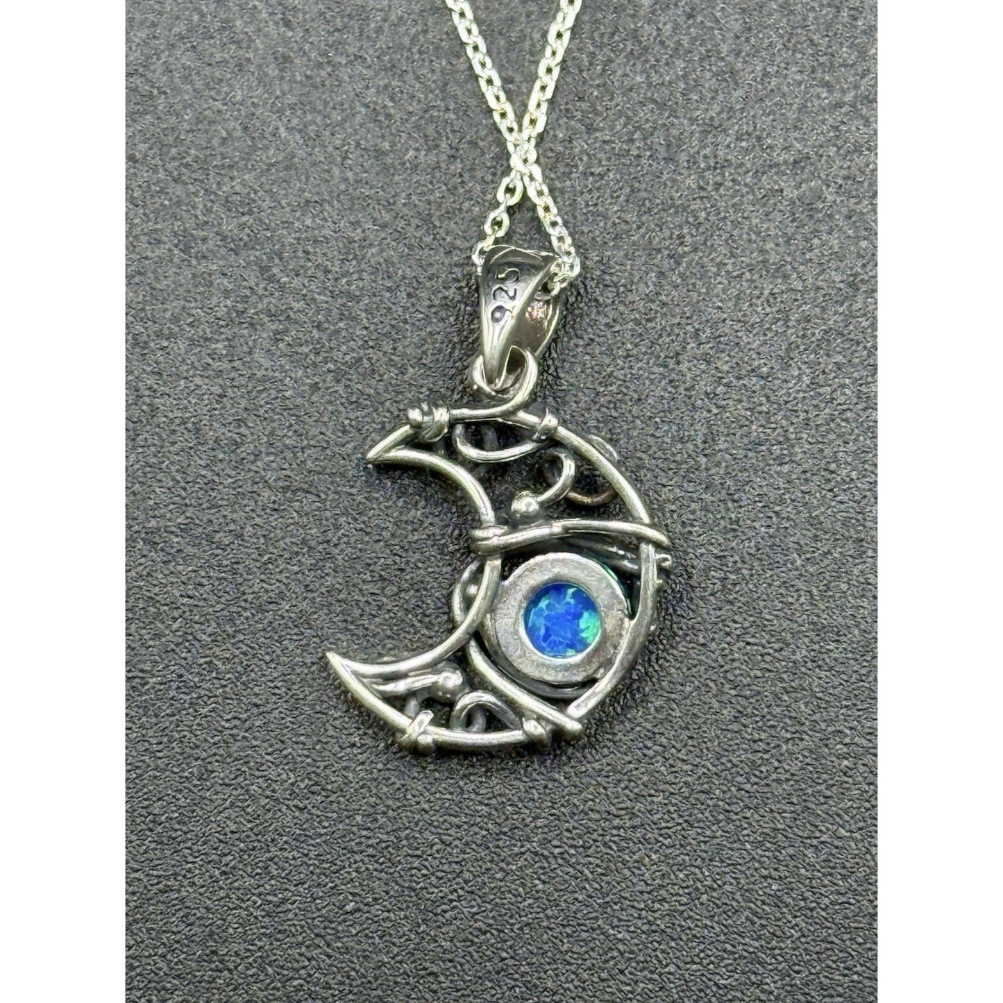 18” New Condition Sterling Silver Lab Blue Opal Artisan Crescent Moon Pendant