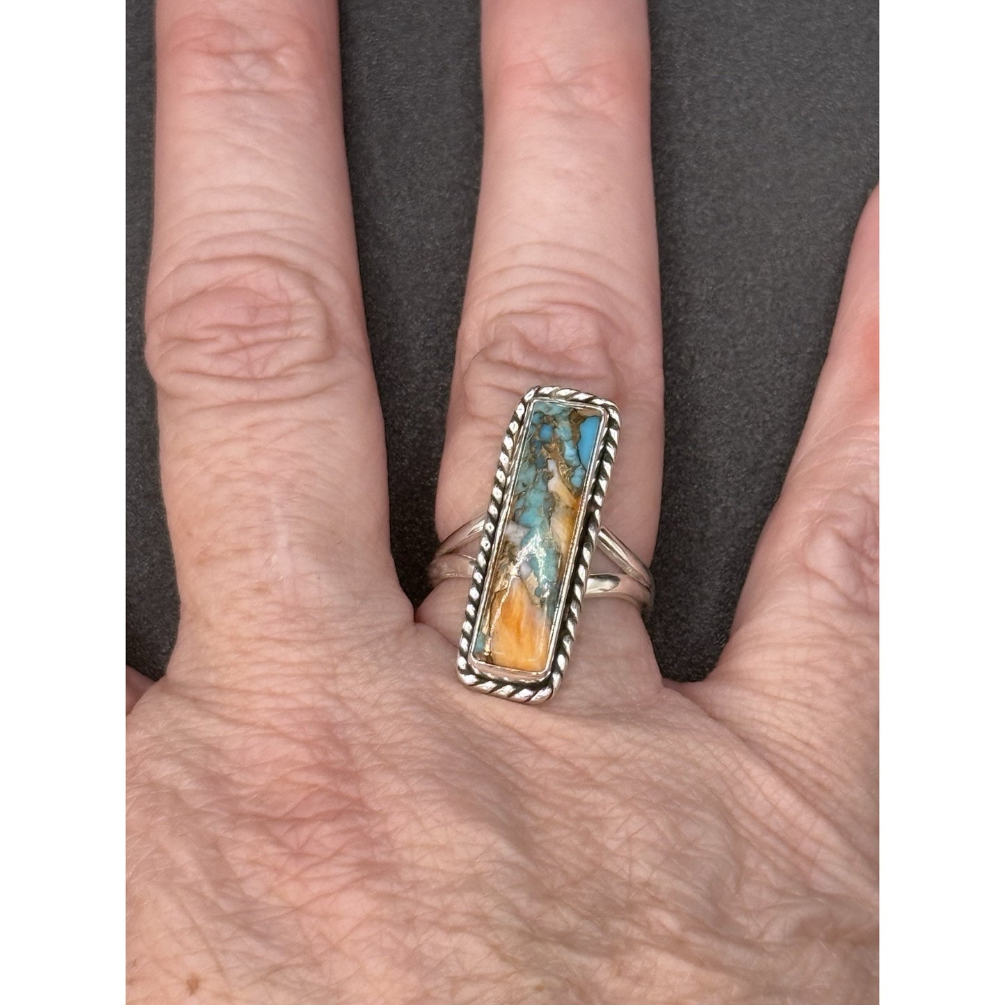 New Condition Sterling Silver Spiny Oyster Turquoise Oblong Ring Size 7.00